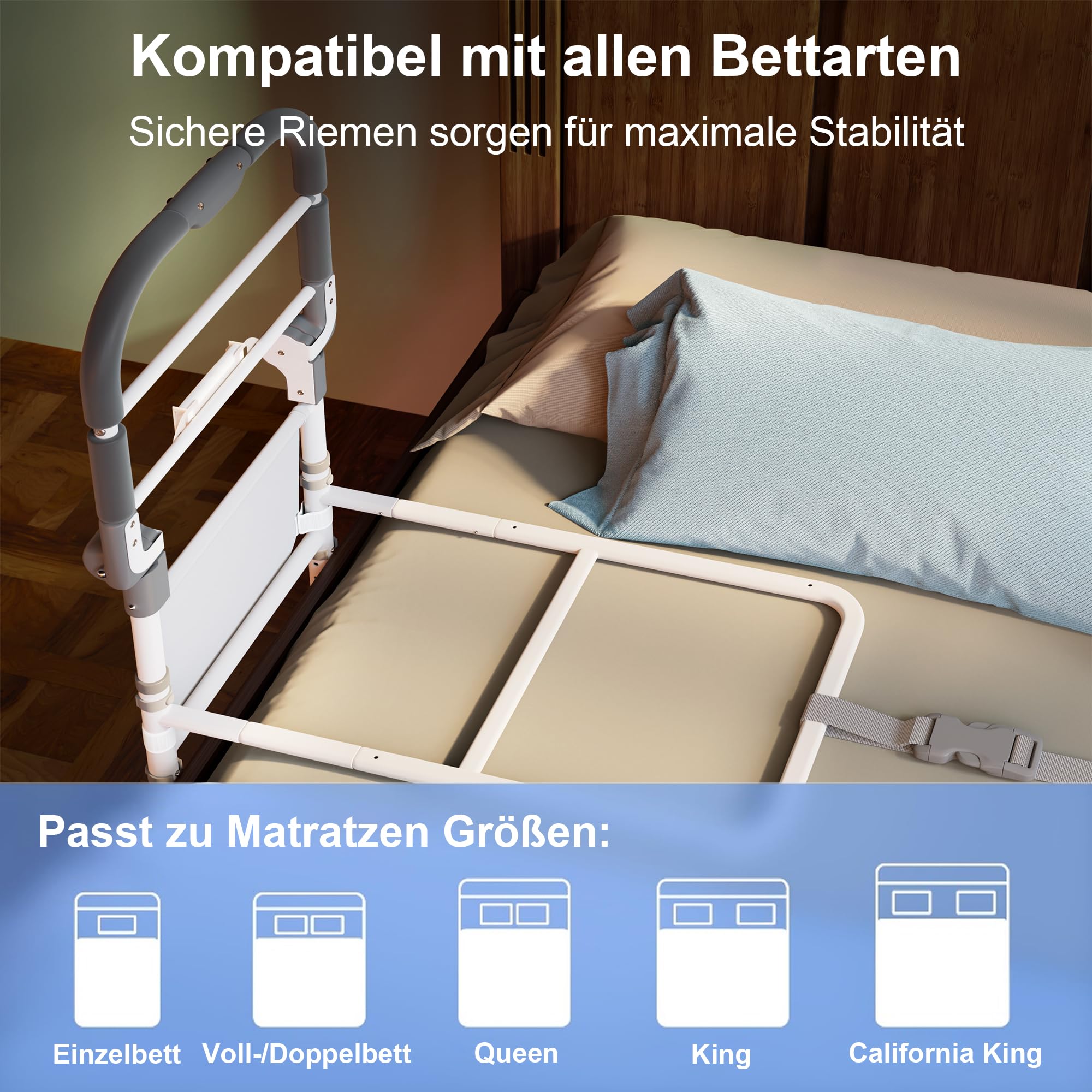 Sponda Letto Anziani,Sponde per letto Anziani con borsa Supporto Regolabile in Altezza Pieghevole,Maniglia Antiscivolo,Luce con Sensore di Movimento,Adatto a Qualsiasi letto,Portata 160 kg