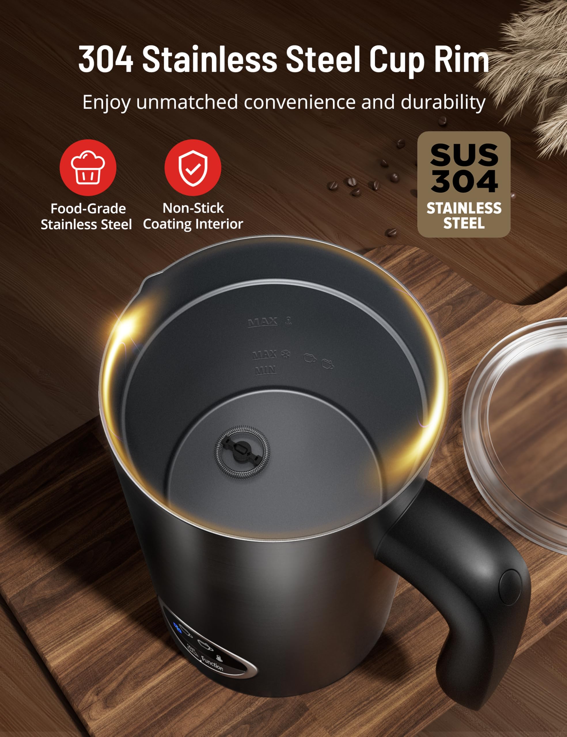 Espumador de leche, espumador de leche 4 en 1 con soporte, espumador de leche eléctrico y vaporizador de espuma caliente y fría, espumador de apagado automático para café con leche 3