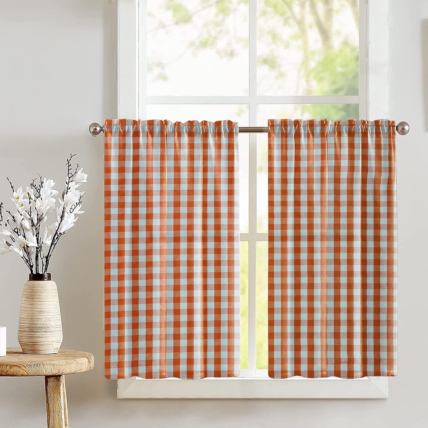 Zen Creative Designs Cotton Gingham Checkered Print Tier Window Valance 2 Piece Set Home Décor Bedroom Nursery Kitchen Window (Hunter Green)