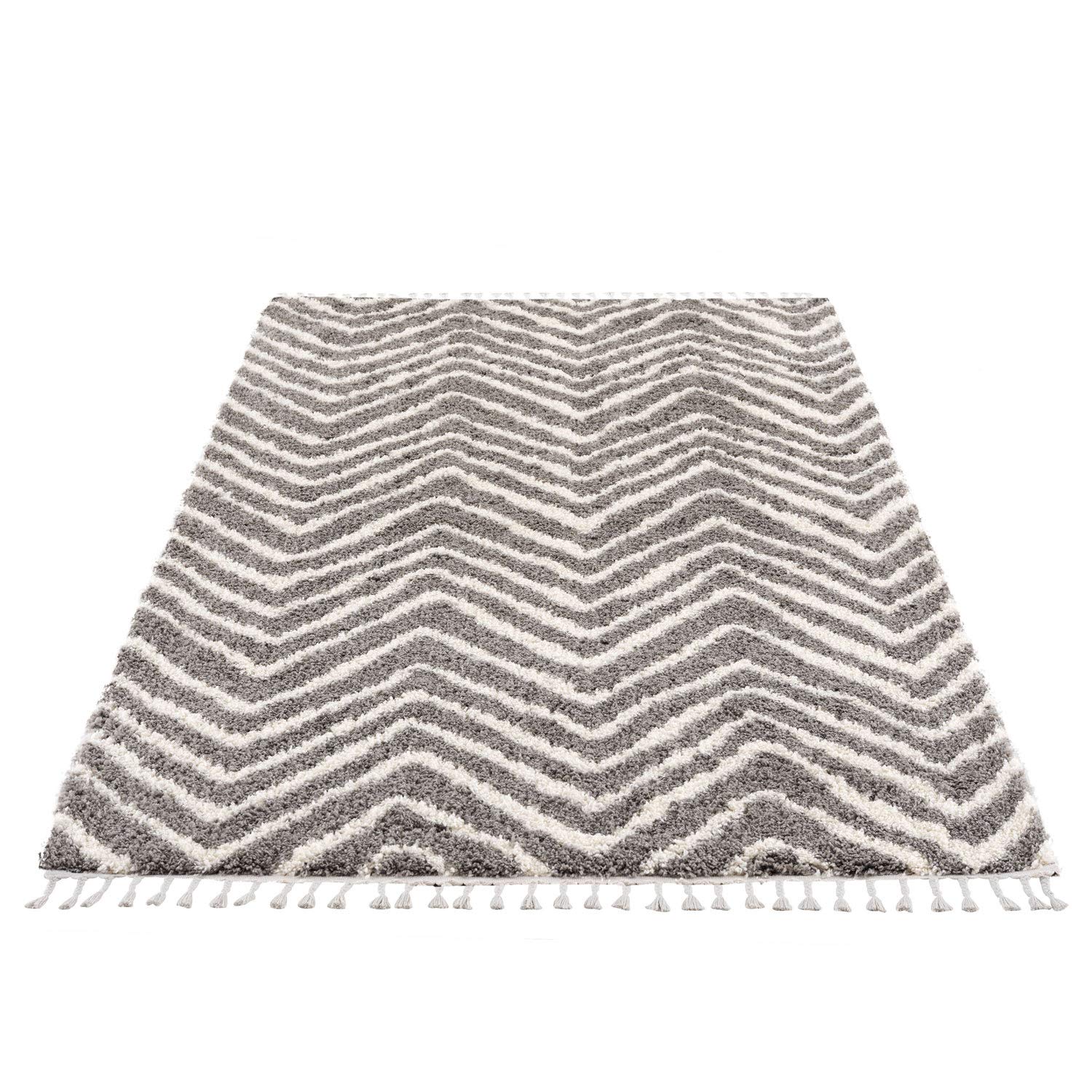 Tapis de Salon, à Poils Longs, Design Ethnique, Chevron, 200 x 290 cm, Gris crème, avec Franges