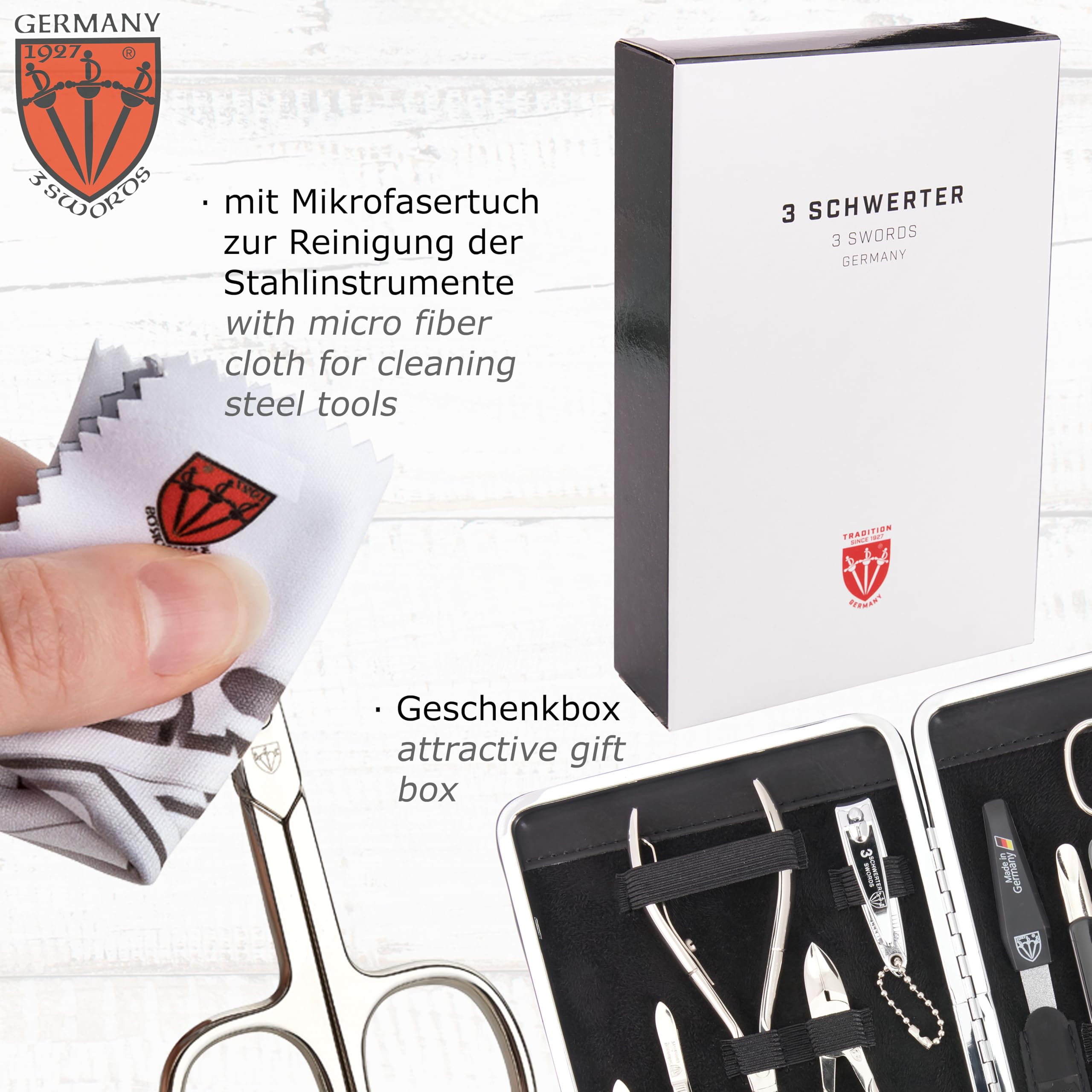 DREI SCHWERTER Germany zestaw do manicure "Fano" z nożyczkami do paznokci, nożyczkami do skóry, cążkami do paznokci i wieloma innymi, 11-częściowy w stabilnym etui na ramkę, czarny/prawdziwa skóra