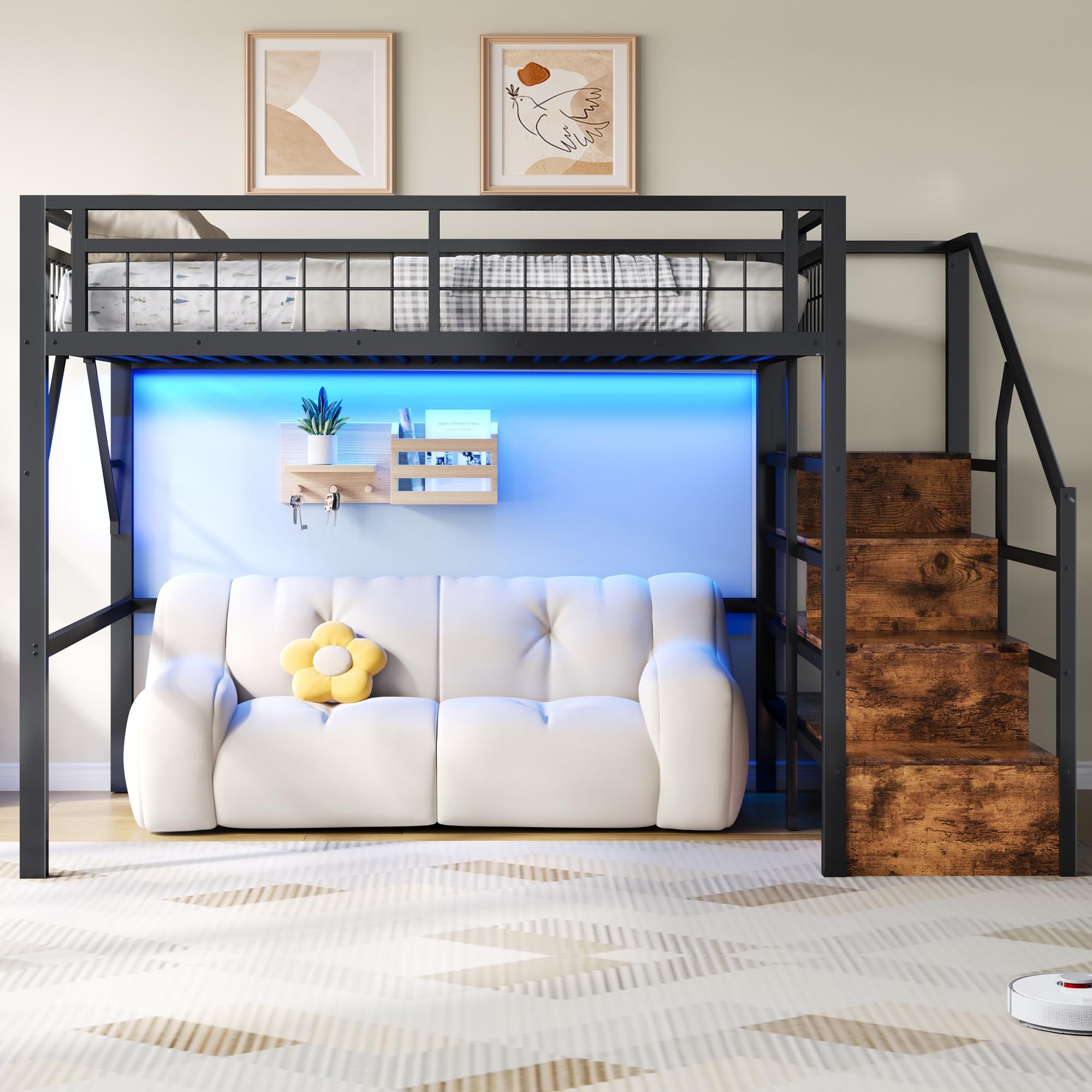 Letto a soppalco in metallo 140 x 200 cm, con luce LED, Letto matrimoniale a soppalco, spazio utilizzabile sotto il letto, scala di sicurezza con vano contenitore, Nero (materasso non incluso)
