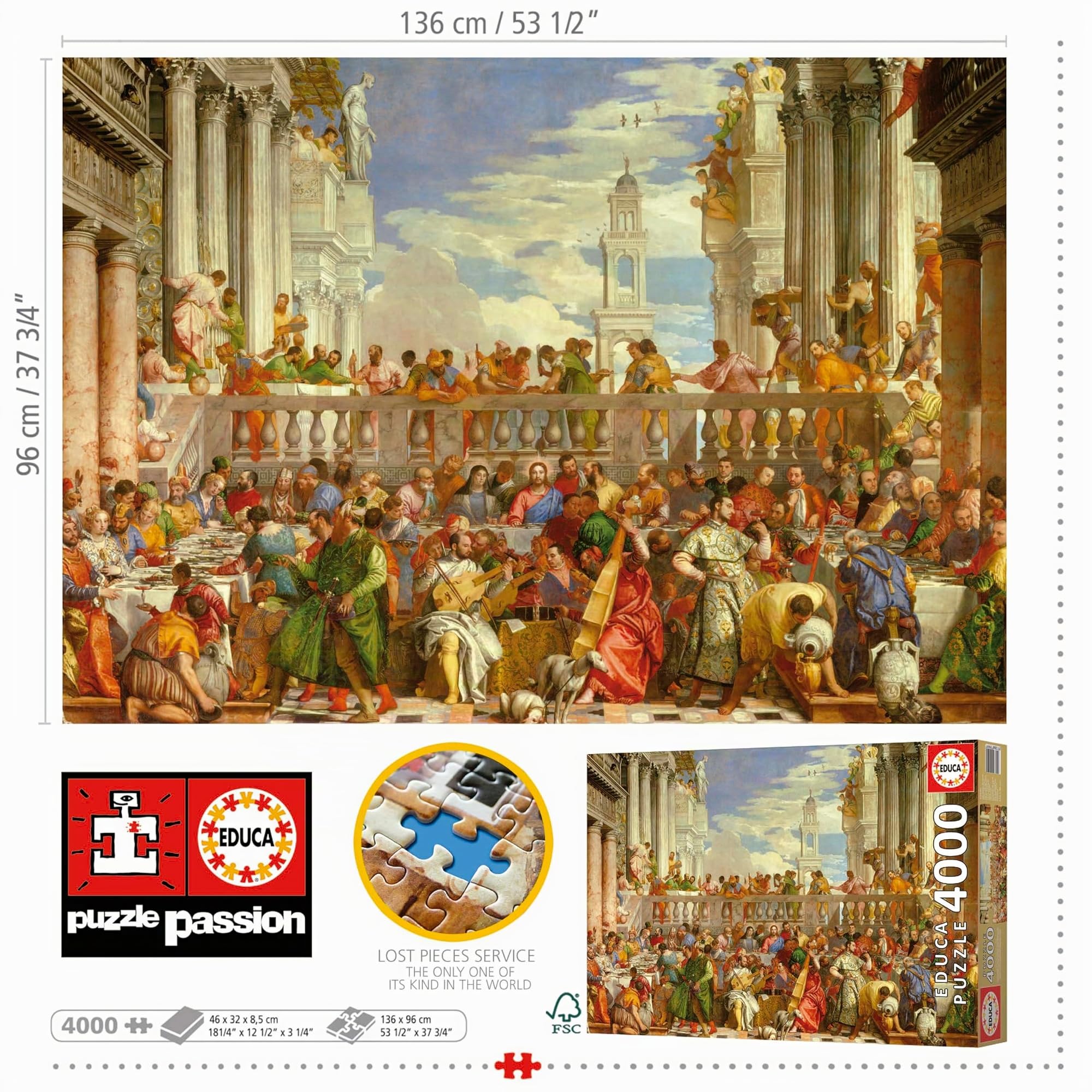 Educa - Puzzle di 4000 pezzi per adulti | Canae di Cana, Paolo Veronese. Misura: 136 x 96 cm. Include un servizio perduto per lo stock. Raccomandato da 4 5 6 anni (19949)