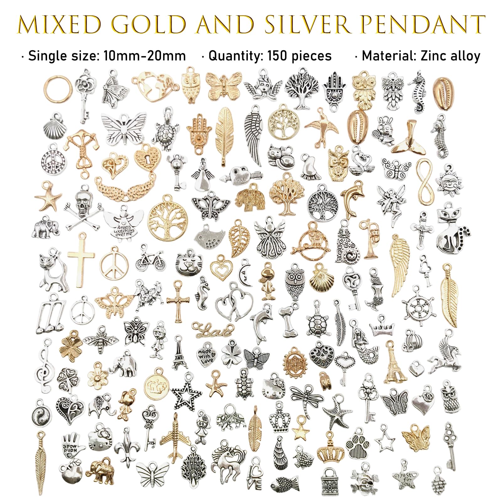 150 Pezzi Ciondoli per Creazione di Gioielli, Ciondoli Assortiti Misti, Collana Bracciale Orecchini Che Fanno Accessori, per Lavori Artigianali Bracciali Pendenti e Collane (Oro e Argento)
