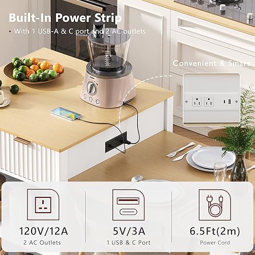 Miniatura 6 de Merax Isla de cocina acanalada de 82.6 pulgadas con mesa de comedor extensible para 4-6, mesa de isla para cocina con toma de corriente, mesa de