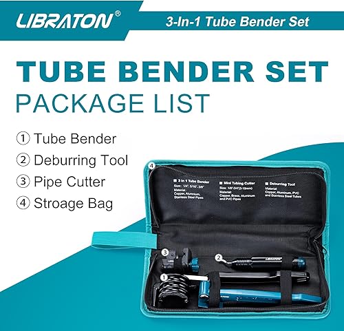 Miniatura 8 de LIBRATON Dobladora de tubos, dobladora de tubos de cobre de 180 grados, herramienta de doblado manual 3 en 1 de 1/4", 5/16", 3/8", juego de doblador
