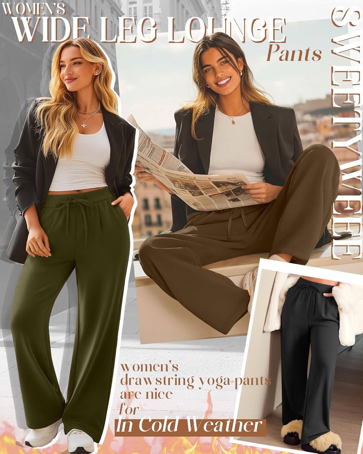 3 Pack Women's Fleece Lined Wide Leg Lounge Sweatpants Casual Thermal Drawstring Yoga Pants with Pockets - Image 3