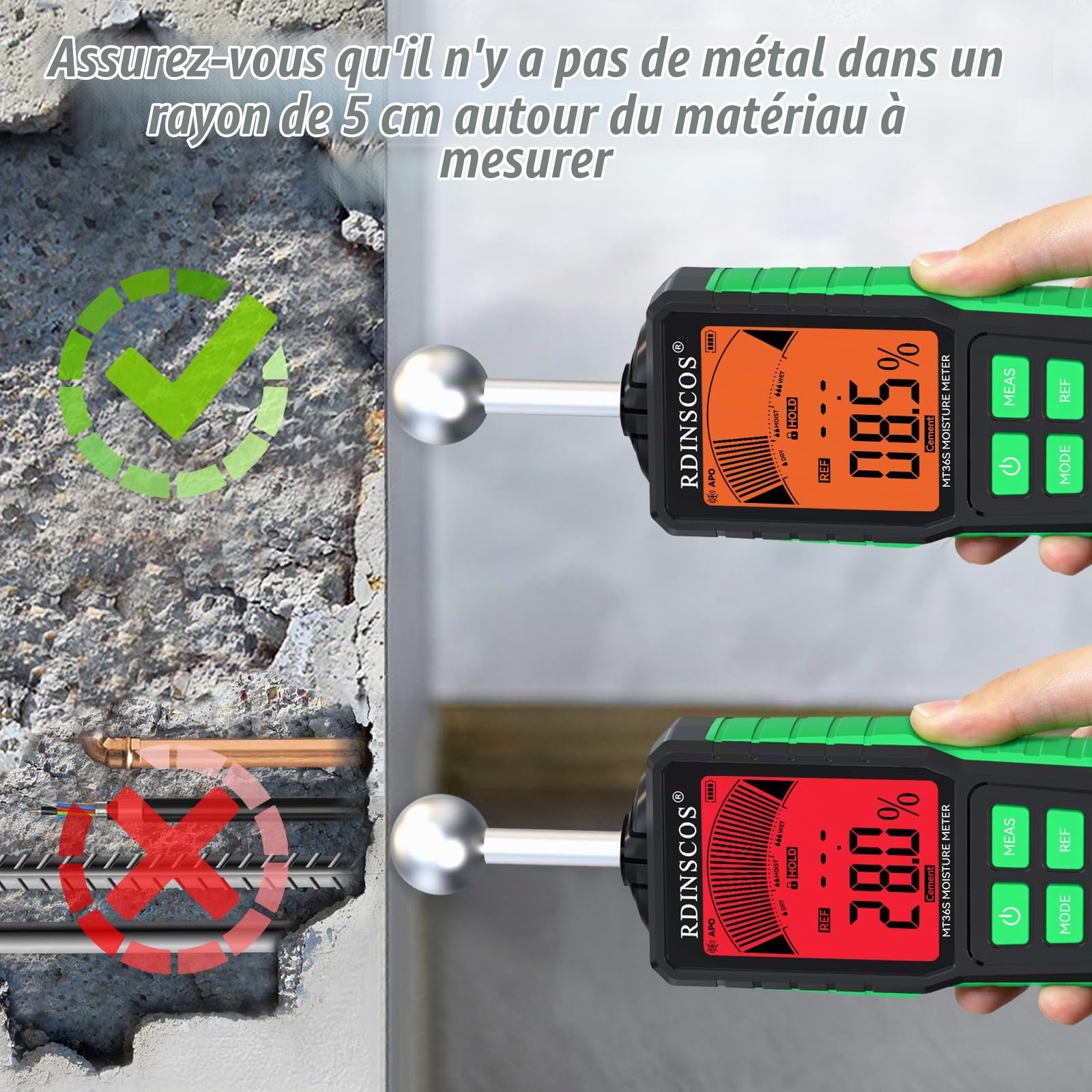 Testeur Humidité Mur,RDINSCOS MT36S Humidimètre NON Destructif Humidité Mur avec écran 3 Couleurs Détecteur Humidité avec 4 Modes pour Murs, Tuiles, Bois, Plâtre, Béton