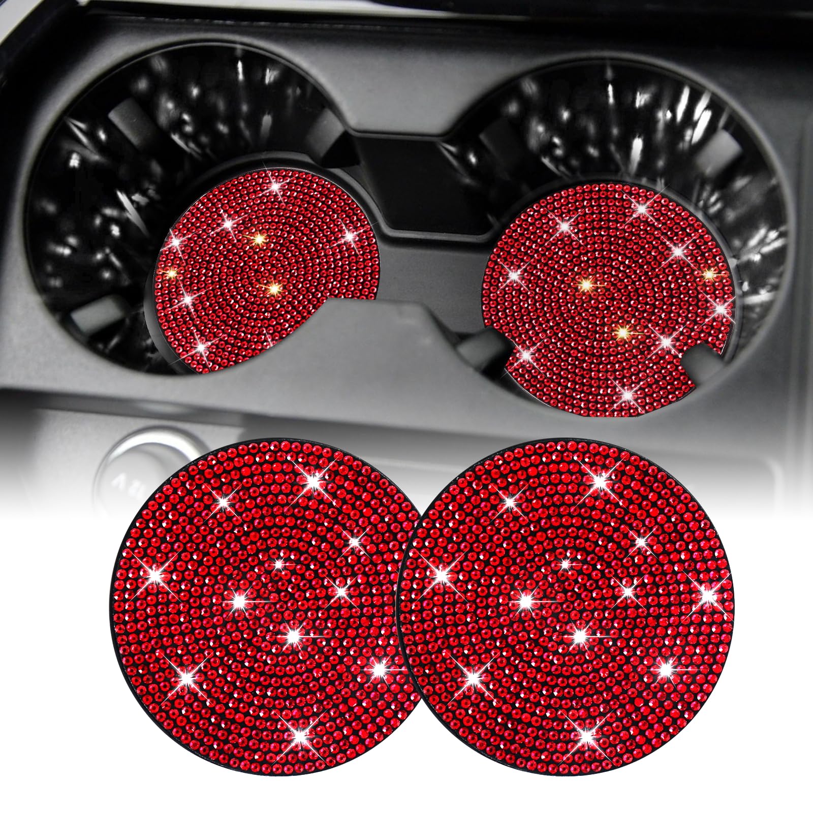 View 1 of SINGARO Bling Cup Holder Coasters for Car, 2PCS Universal Non-Slip Cup Holder, Embedded Decorative Coasters, Shiny Crystal Car Interior Accessories Gifts for Women (Red)