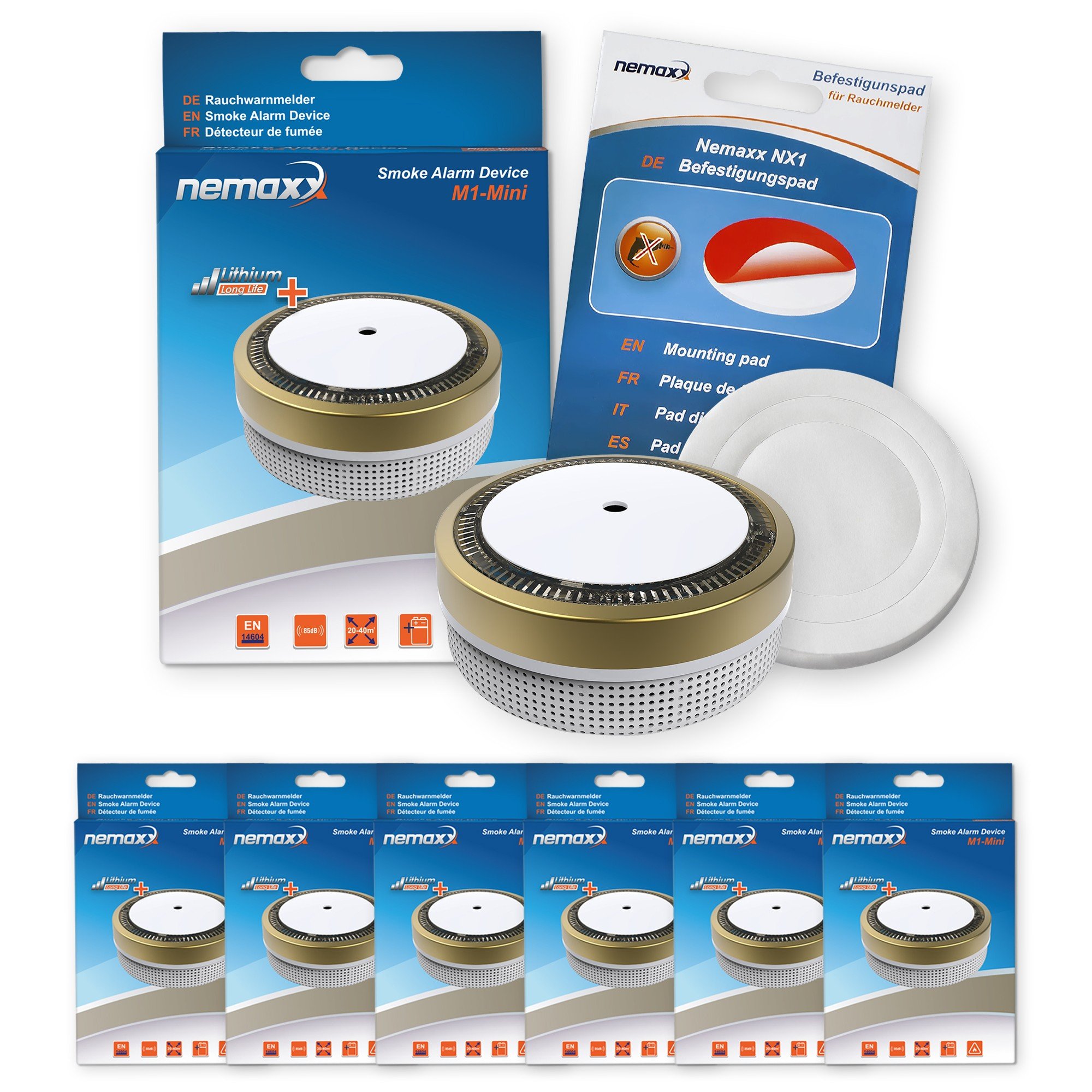 6X Nemaxx M1-Mini czujniki dymu - fotoelektryczne czujniki dymu - z akumulatorem litowym DC3V - DIN EN14604 & VDS - kolor złoty + NX1 Mocowanie łyżwy