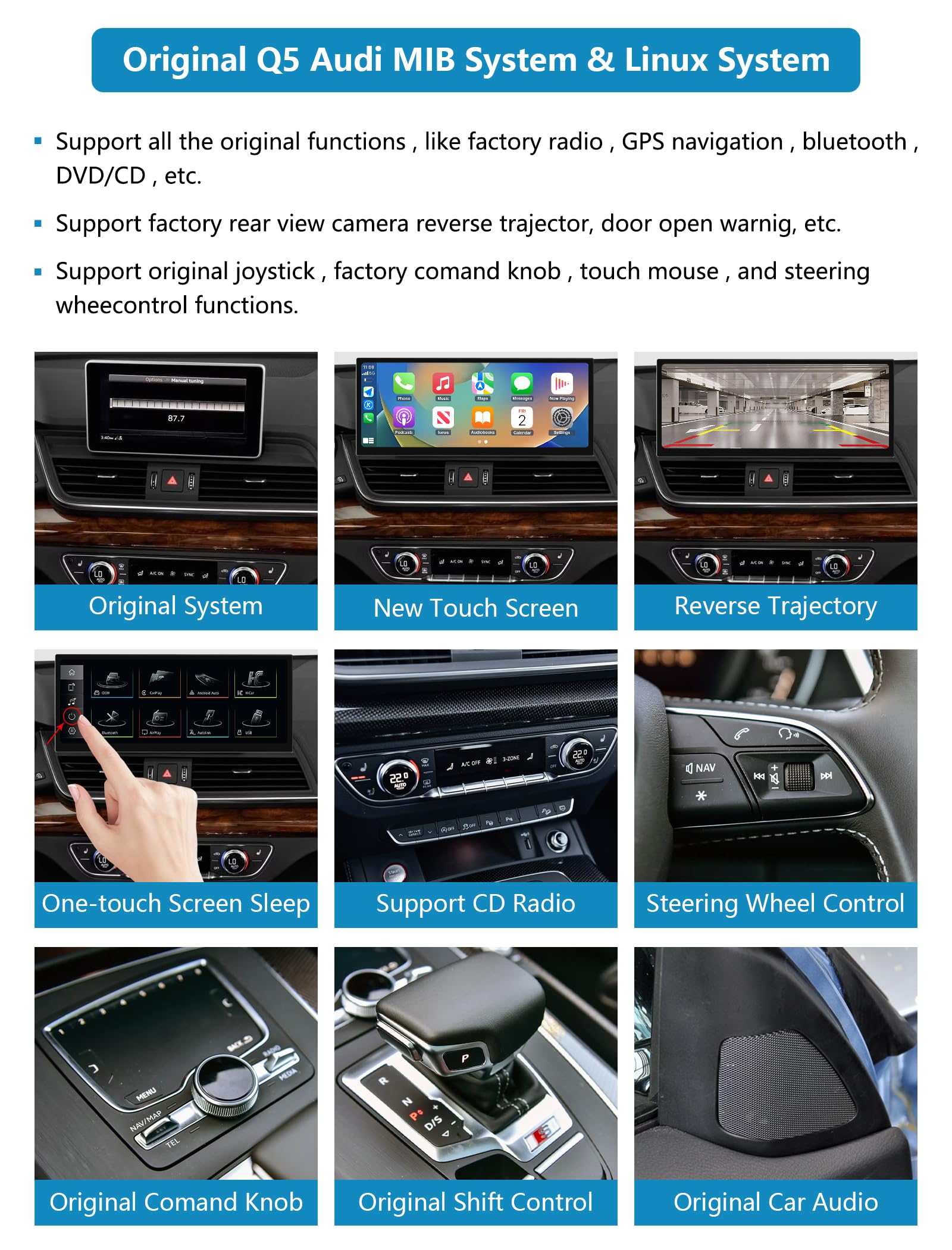 Radio samochodowe Ninetom 12,3 cala, Apple CarPlay/Android Auto/Mirrorlink/GPS do Audi Q5 z lat 2018–2019 z systemem MIB, obsługuje Mirrorlink, kamerę, nawigację, Siri i muzykę