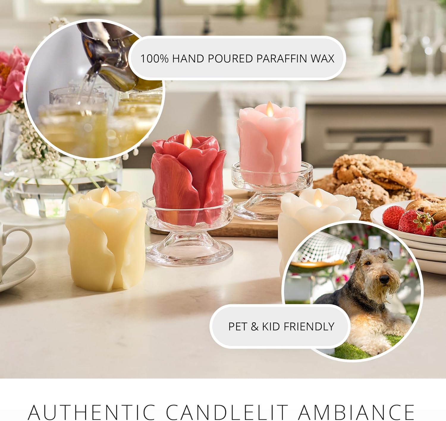 Luminara Lemon Chiffon Rose Flameless Candle - 3.6" x 4.3" Rosebud Pillar - Real Flame Technology w/Flickering LED Light - Perfect for Mother's Day