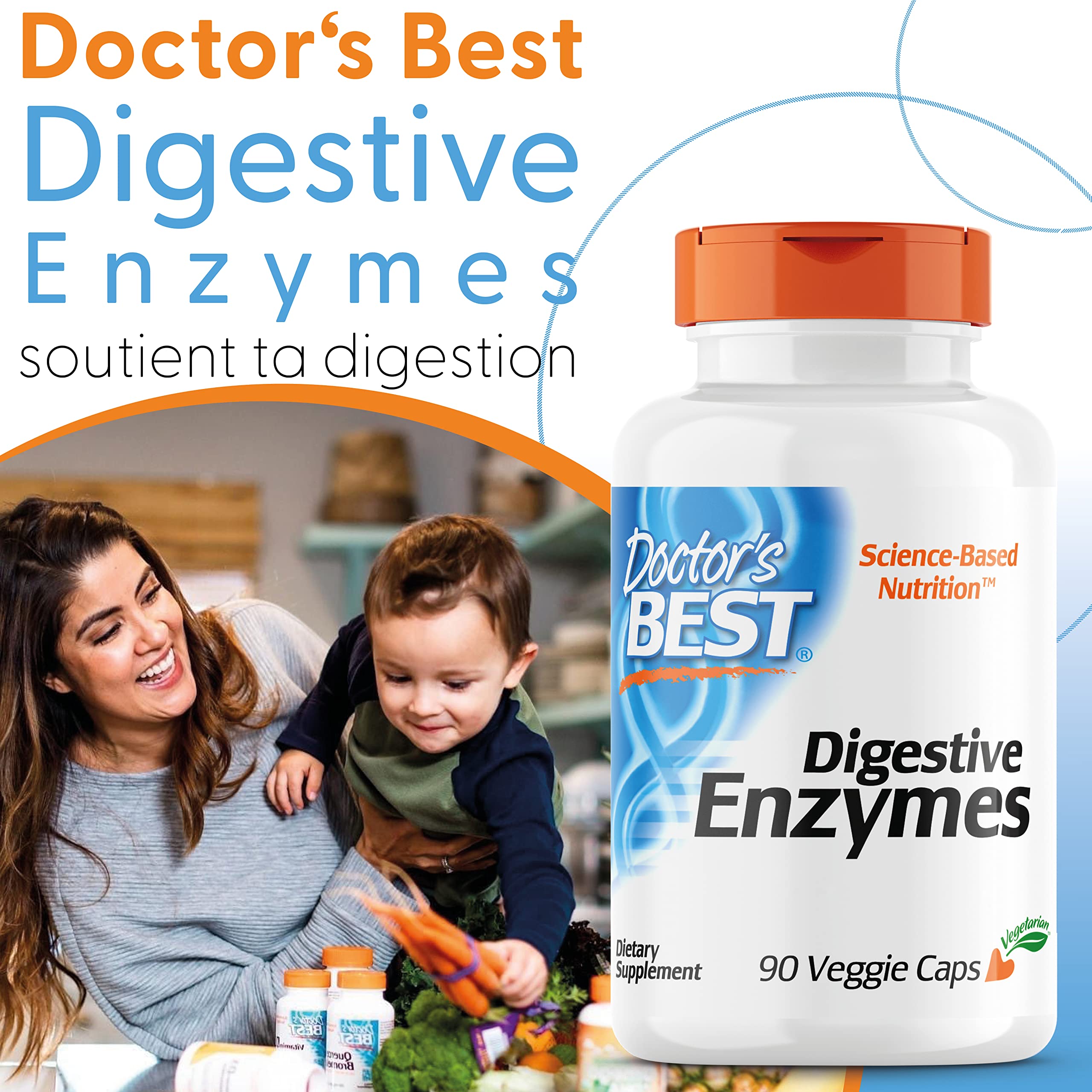 Doctor's Best, Digestive Enzymes (Enzymes Digestives), 90 Capsules végétales, Mélange d'Enzymes, Testé en Laboratoire, Sans Gluten, Sans Soja, Sans OGM