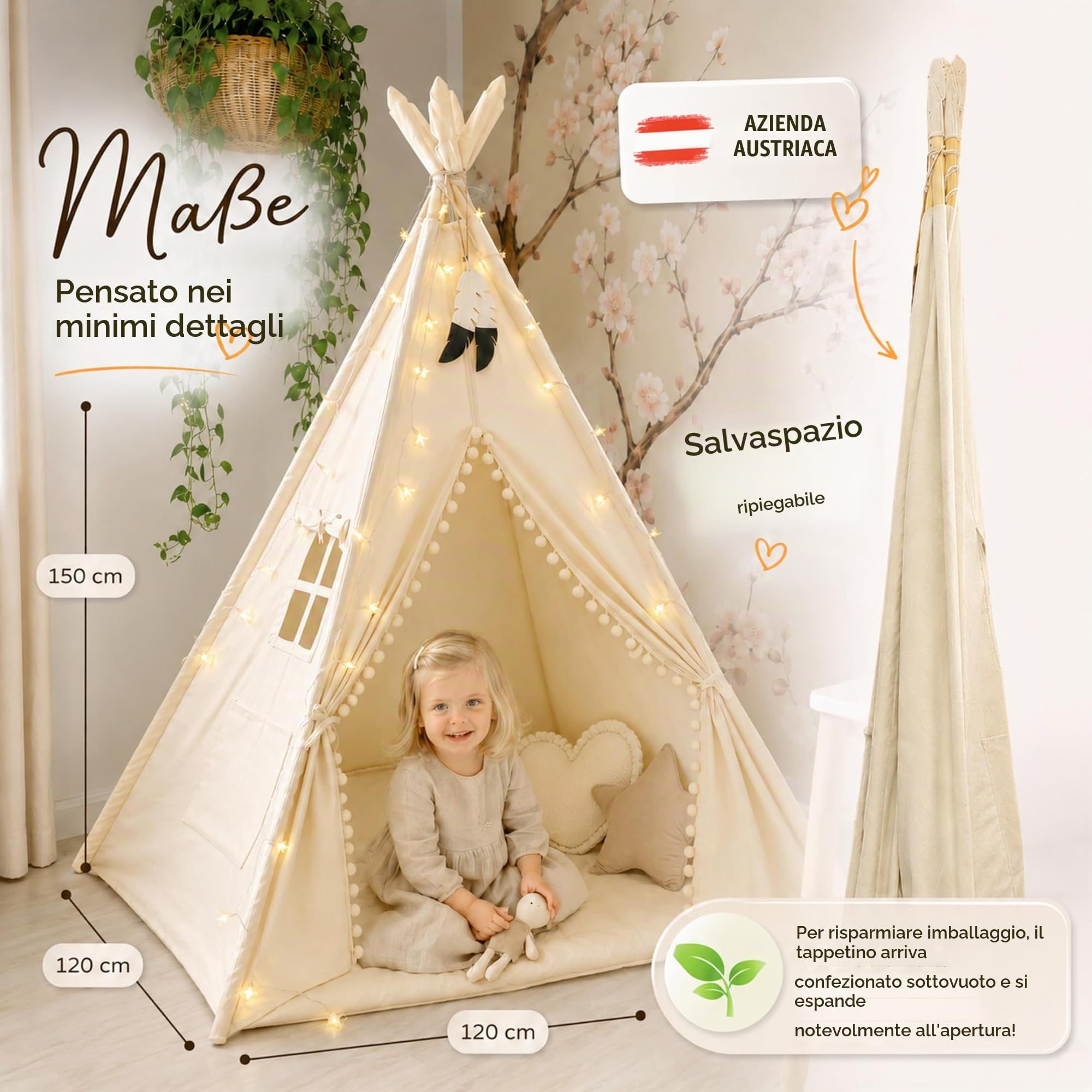 LIONHERZ® Tipi Tenda per Bambini in 100% Cotone Con Tappetino, Borsa e Gioielli in Piuma - Teepee da Gioco Stabile per Interni ed Esterni