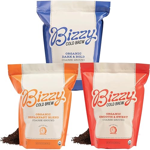 Bizzy Café orgánico frío  Paquete  Café molido grueso  Oscuro y audaz 2 libras + mezcla de desayuno 2 libras + suave y dulce 2 libras  Paquete de 3