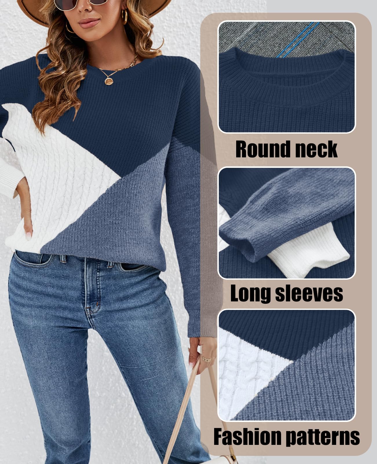 NLAND Maglione Donna Blocchi di Colore Pullover in Maglia Casual Autunnale Invernale Girocollo Colletto Rotondo Maglia Caldo a Manica Lunga Pullover Top