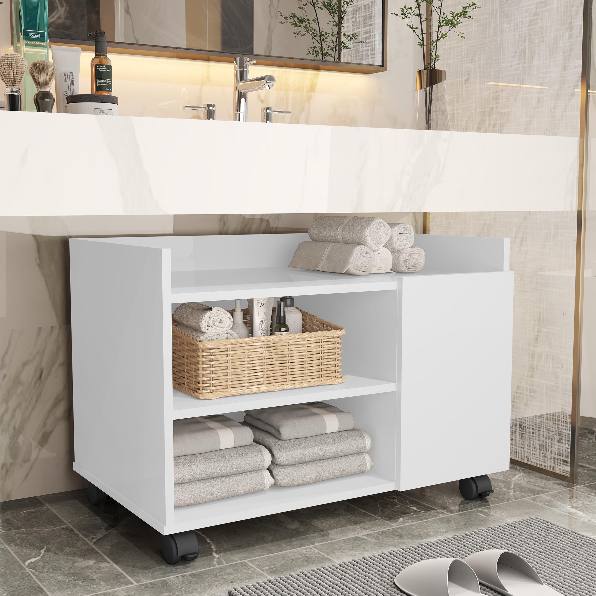 Gabinete Banheiro com Porta Ripada e Rodízios 60cm MDP 12mm Boom