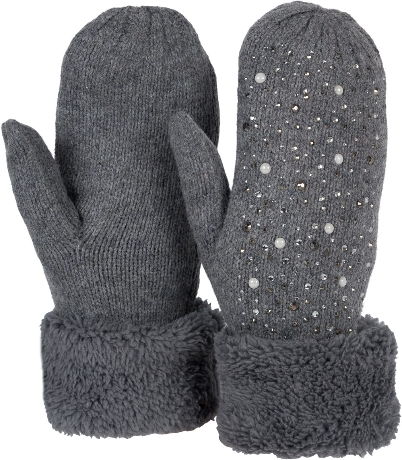 Stylebreaker Women's Grey Warm Winter Knitted Mittens With Rhinestones And Pearls, Gloves, Thermo Fleece, Knitted Gloves 09010039, Colour:
