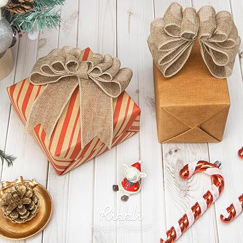 Miniatura 4 de Ribbli Cinta de arpillera natural con alambre, 2 pulgadas x 10 yardas continuas, cinta de borde con alambre para lazo grande, corona, decoración de