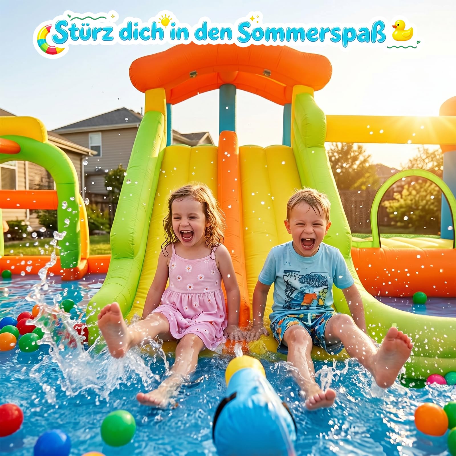 FOOING Gran tobogán acuático inflable con 2 toboganes y piscina infantil para niños, castillo hinchable con dos pistas para fiestas en el jardín y en el patio, diversión de verano al aire libre