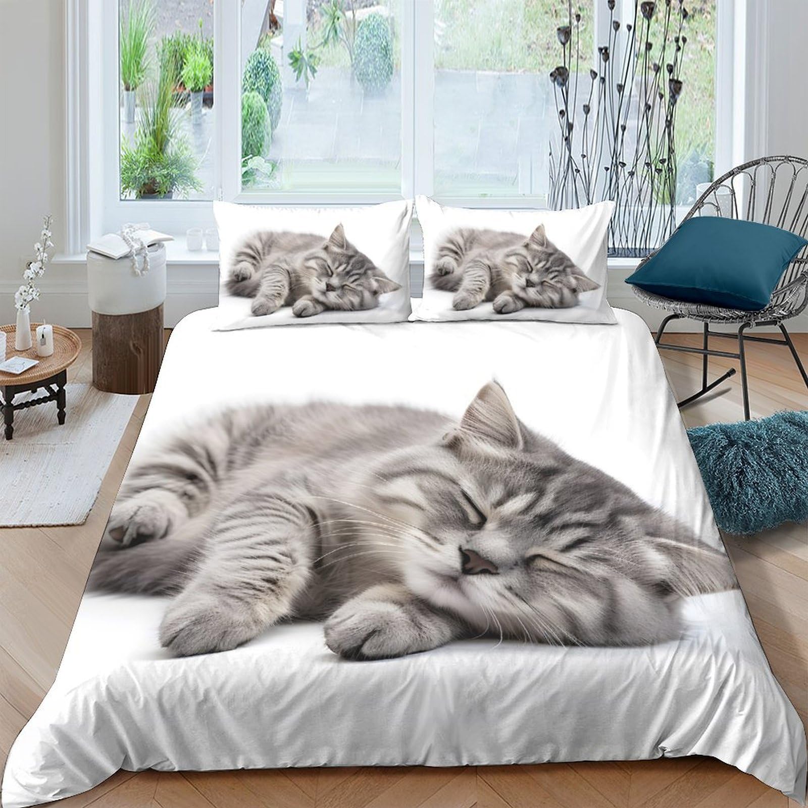 Ctjqhvkz Style-5 3D Printed Sleeping Cat Fitted Sheet Microfiber Soft Grey Tabby Mattress Cover Bedroom Home Decor Washable Single（135X200cm）