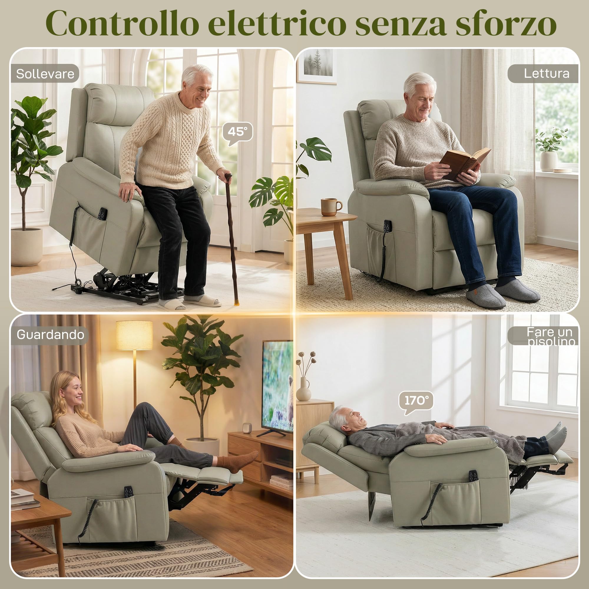 HOMCOM Poltrona Elettrica Alzapersona Reclinabile 170° Zero Gravity, Poltrona Relax in Pelle Finta Traspirante per Anziani, 2 Motori, Telecomando, 4 Ruote, Freno, Poggiapiedi, Tasche Laterali, Crema