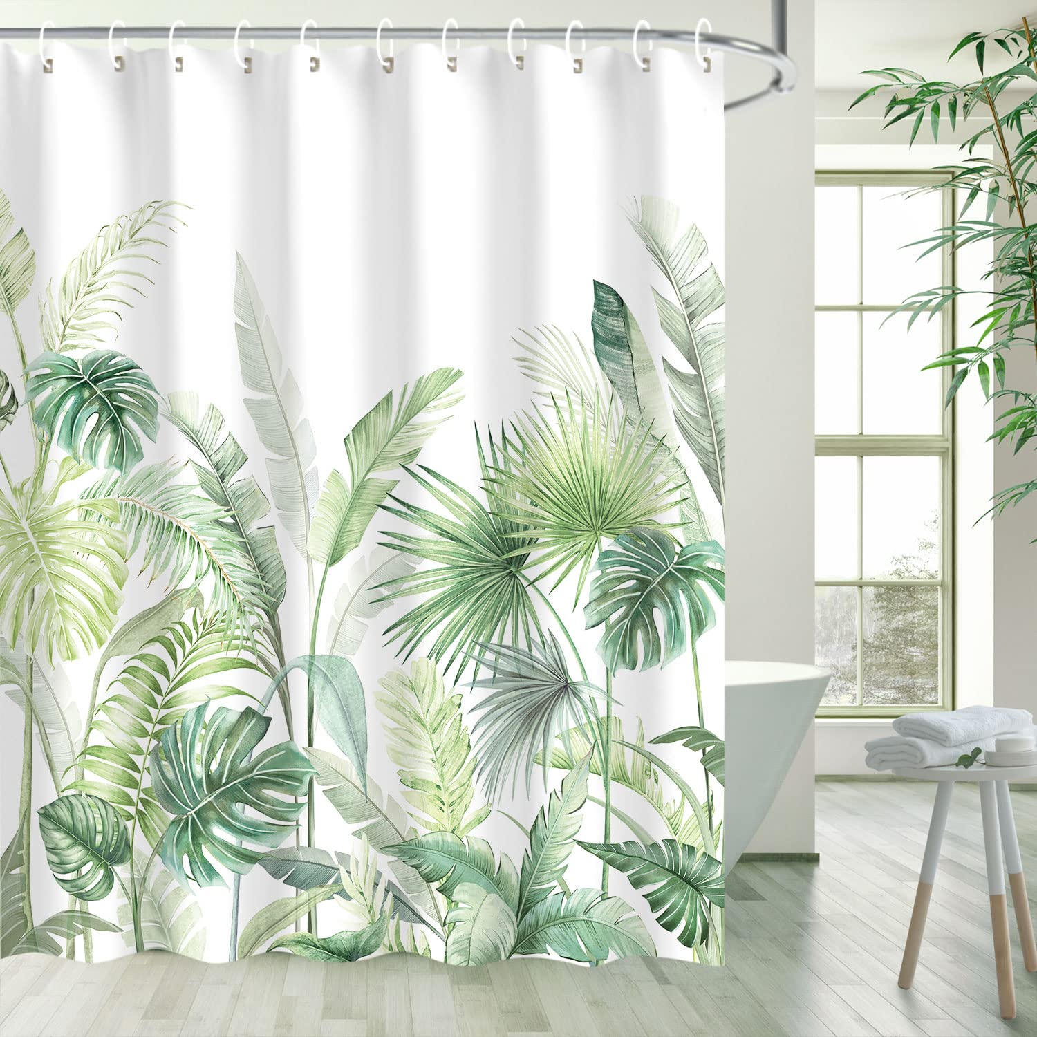 RosieLily Cortina de ducha verde, cortina de ducha tropical, cortina de ducha de plantas, cortina de ducha de hojas, juego de cortina de ducha botánica con 12 ganchos, 72 x 84 pulgadas