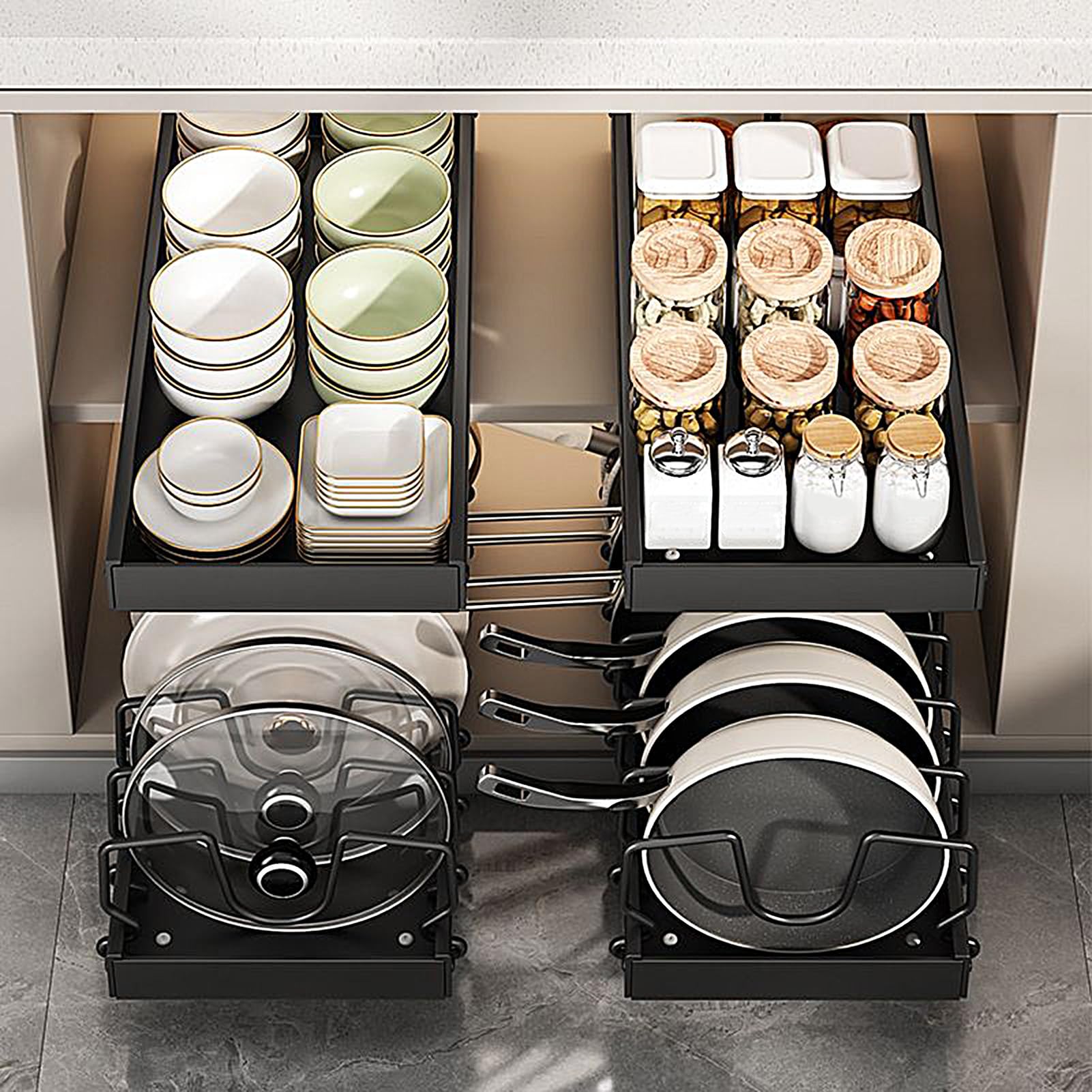 Organizzatore per pentole e padelle, supporto adesivo | organizer | regolabile per coperchio pentola con puleggia | per organizzazione cucina dispensa armadietto da bancone