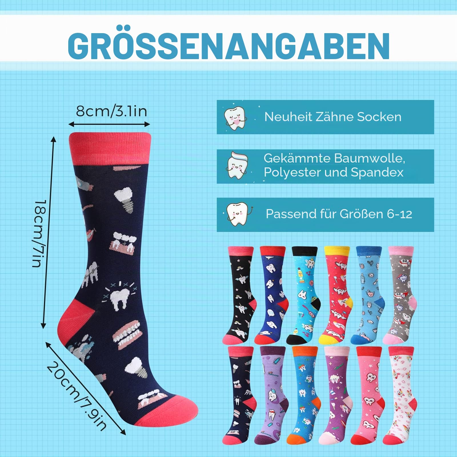 Wesiti 12 Paar Zahnsocken Neuheit Zahnarzt Hygieniker Geschenk Niedliche Krankenschwester Zahnassistent Liebe Zähne Socken Geschenke für Damen Herren, helle Farbe, Medium-Large