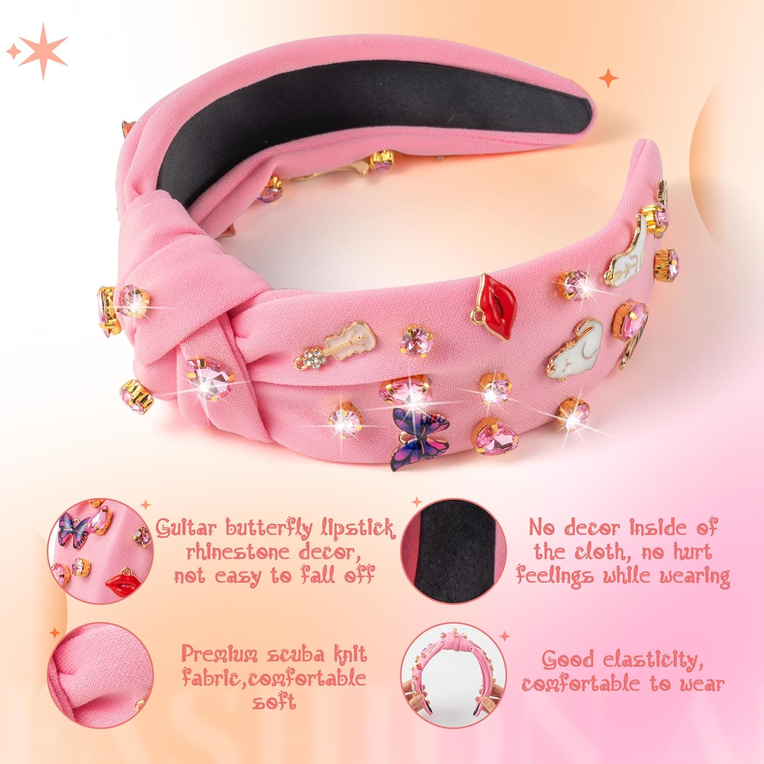 PANTIDE Music Jeweled Knotted Headband - Singer Fans Gift Guitar Red Lip Rhinestone Crystal Embellished Headband Wide Top Knot Fashion Hairband Birthday Back To School Gift for Women Girls (Pink) - Image 3