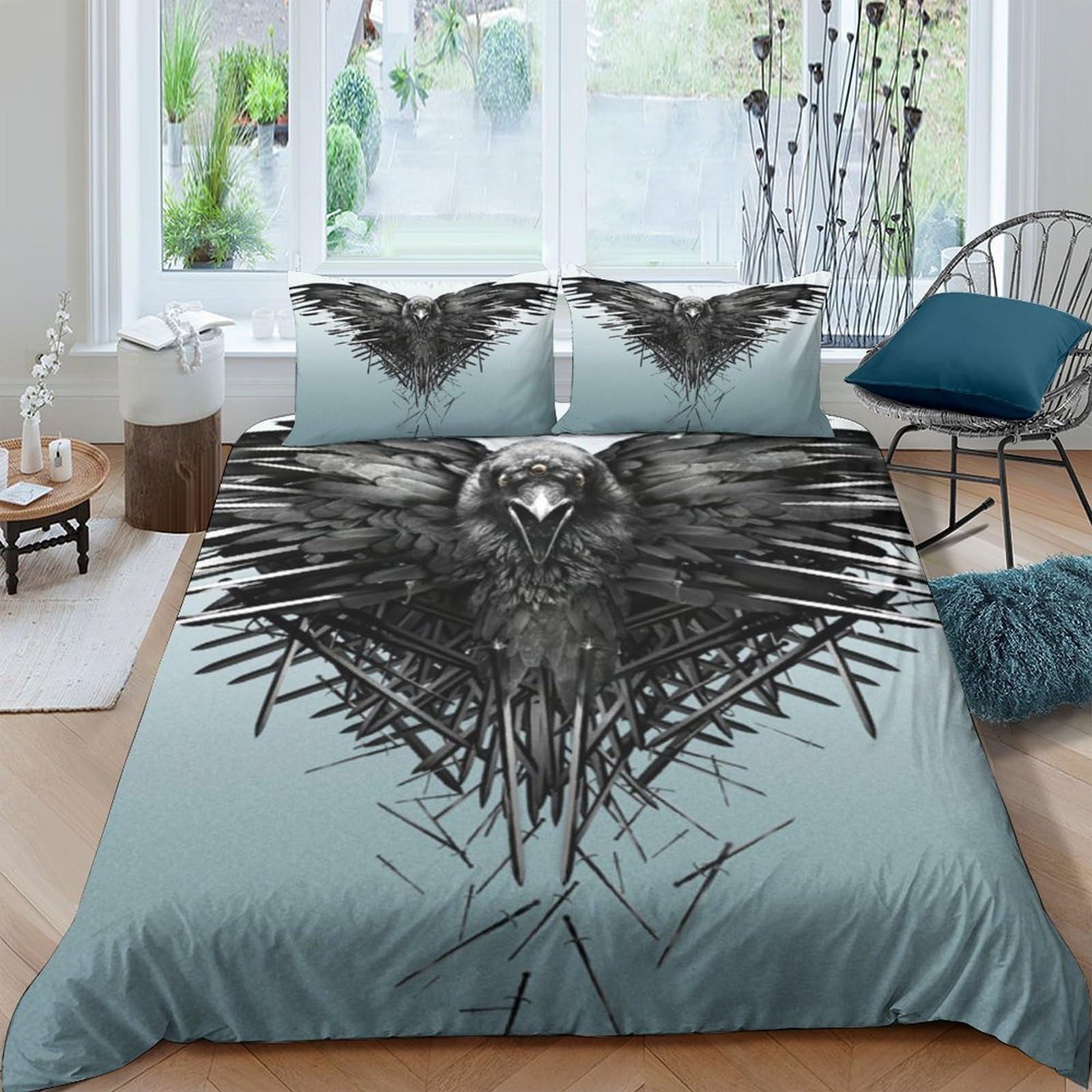 GPLZQXKJNH 3D Printed Raven Feather Duvet Cover Set Microfiber Soft Breathable Gothic Bird Bedding with 2 Pillowcases for Bedroom Decor Single（135x200cm）