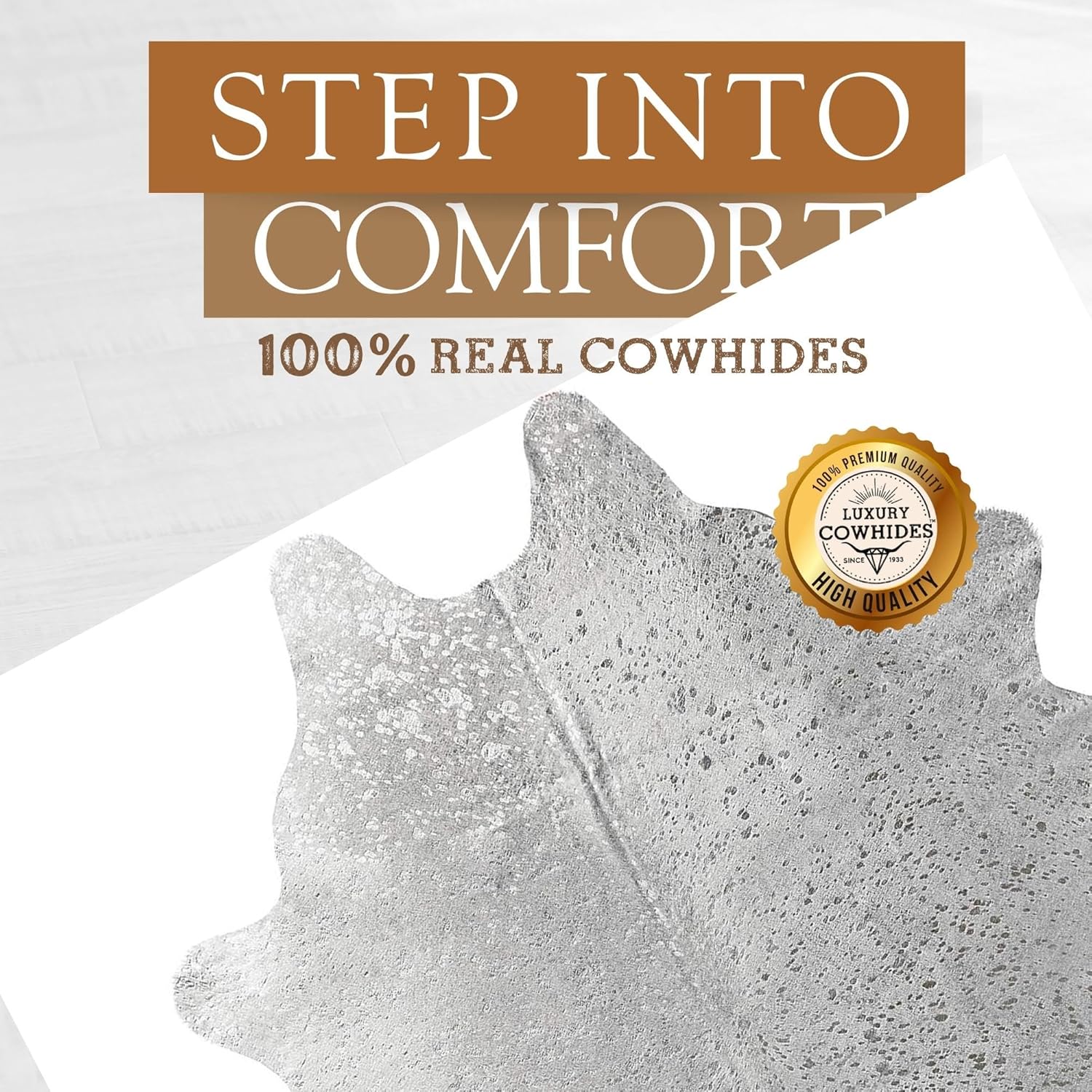 Sunshine Cowhides 100% Genuine Metallic Silver On Off White Cowhide Rug - Modern Style Animal Skin Rug & Floor Carpet for Living Room, Bedroom, Kitchen & More - Extra Large (6x7-8 Ft.)