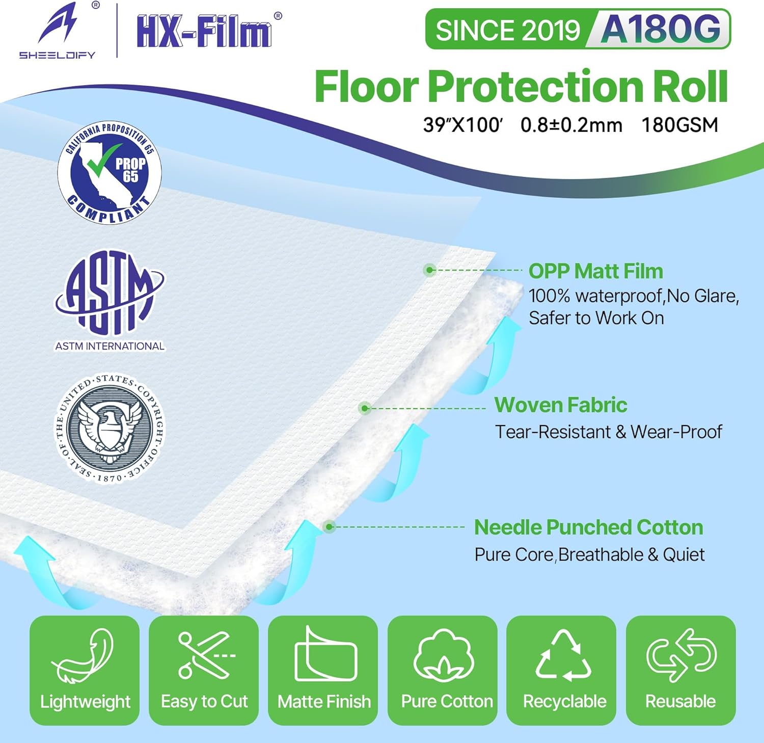 39" x 100' Heavy-Duty Floor Protection | Construction Grade Carpet Protector | Drop Cloth Plastic Film for Hardwood Floors | Waterproof Painters Covering with No Residue (Green) 39" x 100' Green