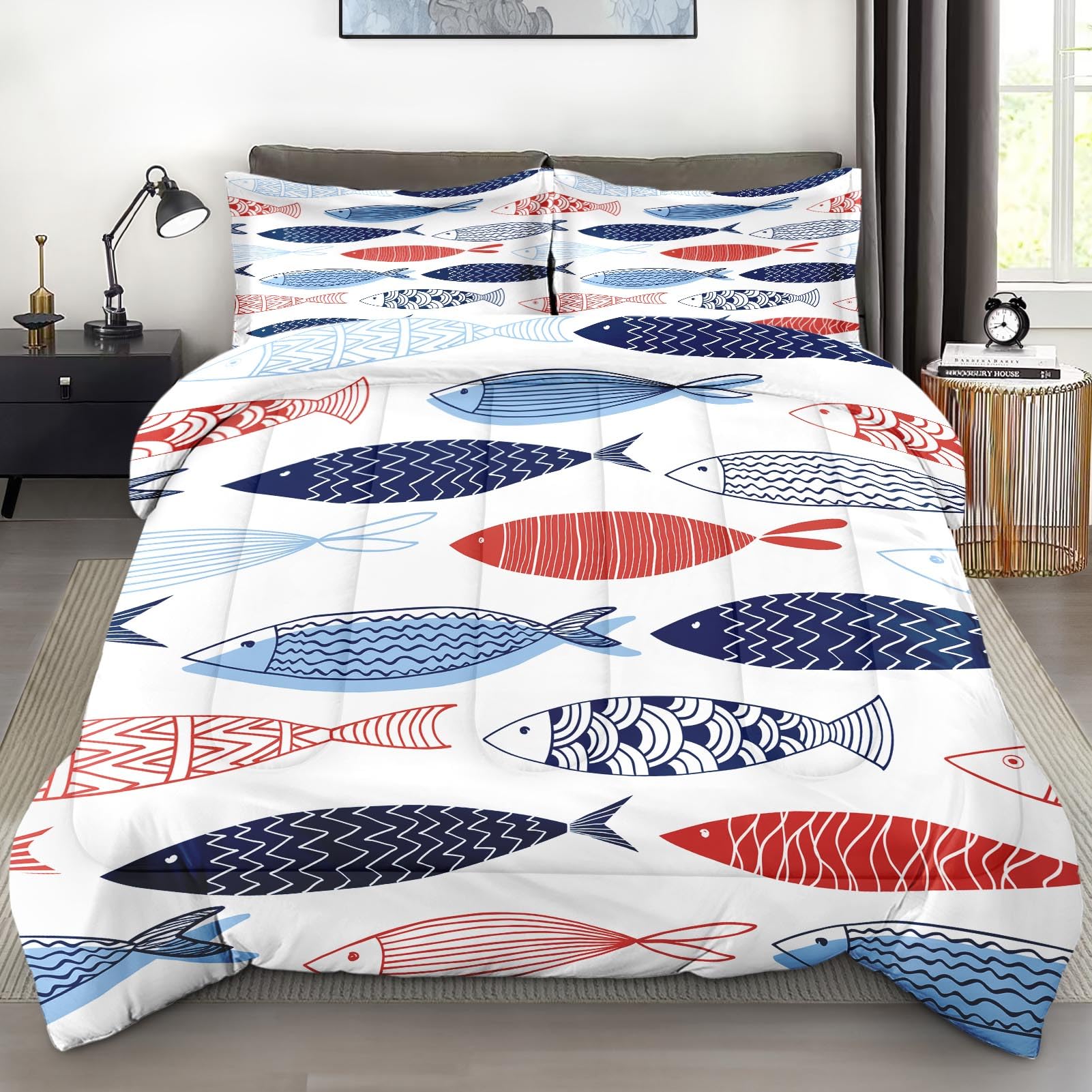 Pamnest Comforter Set Full Size, Fish Blue Summer Soft 3 Pcs Bedding for Kids and Adults, Red Sea Cute Comforter Set with Pillowcase, for Bedroom Bed Decor