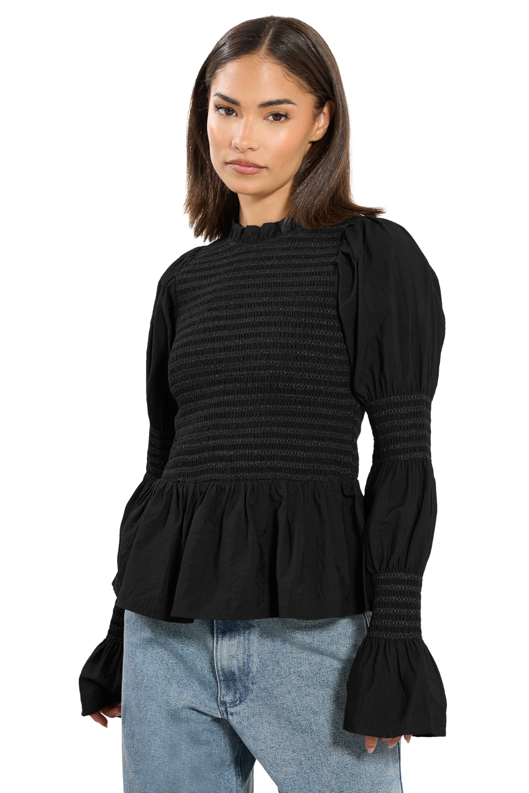 Pixiegirl Women's Black Petite Shirred Smock Top In Size 10