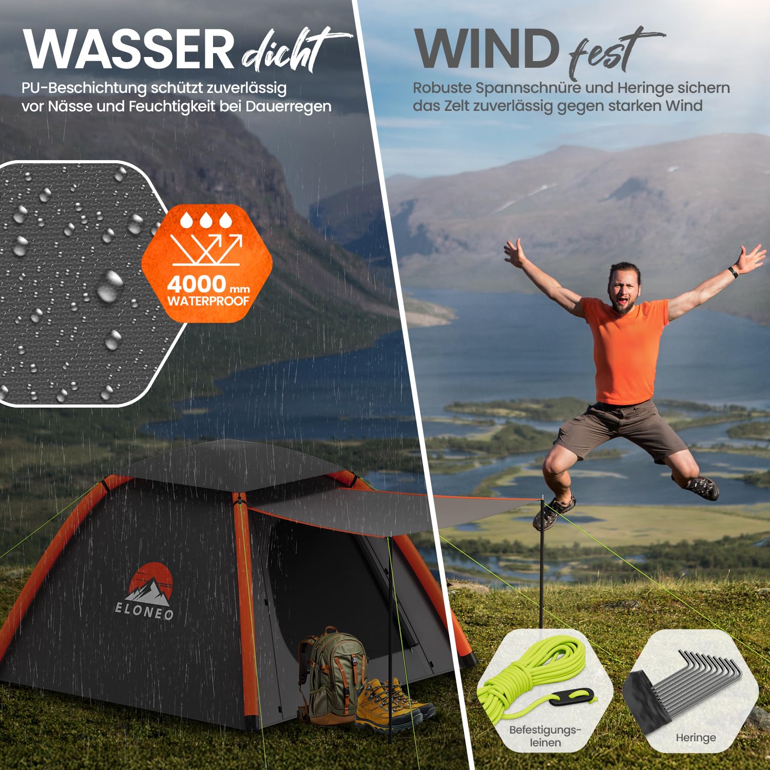 ELONEO aufblasbares Zelt für 1-4 Personen mit Vordach & Luftpumpe, Camping Zelt wasserdicht, Luftzelt Ultraleicht, Inflatable Tent, Glamping Zelt mit gratis LED Licht
