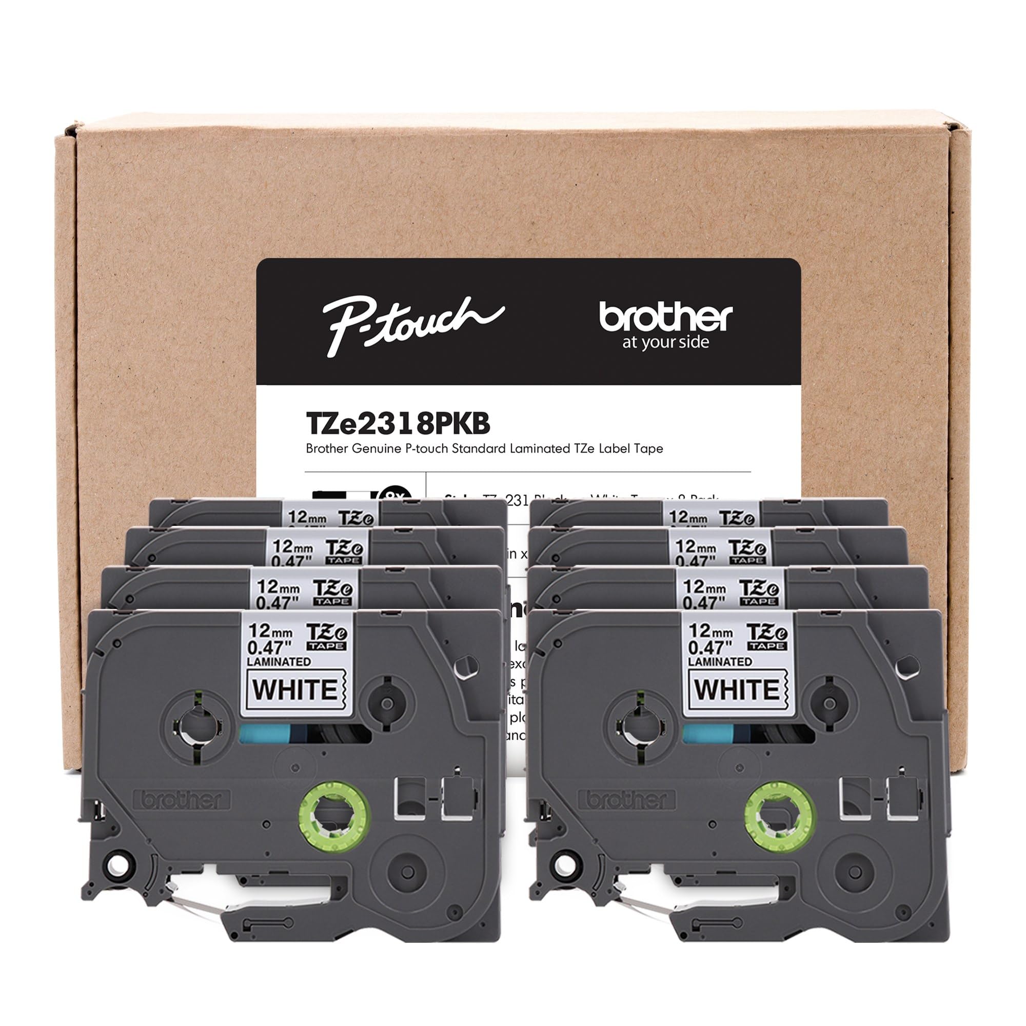 Brother P-Touch Label Maker Tape Refill TZe-231 Laminated Label Tape, Black on White, 8 Pack, 1/2" x 26.2 ft (12mm x 8m) Per Roll