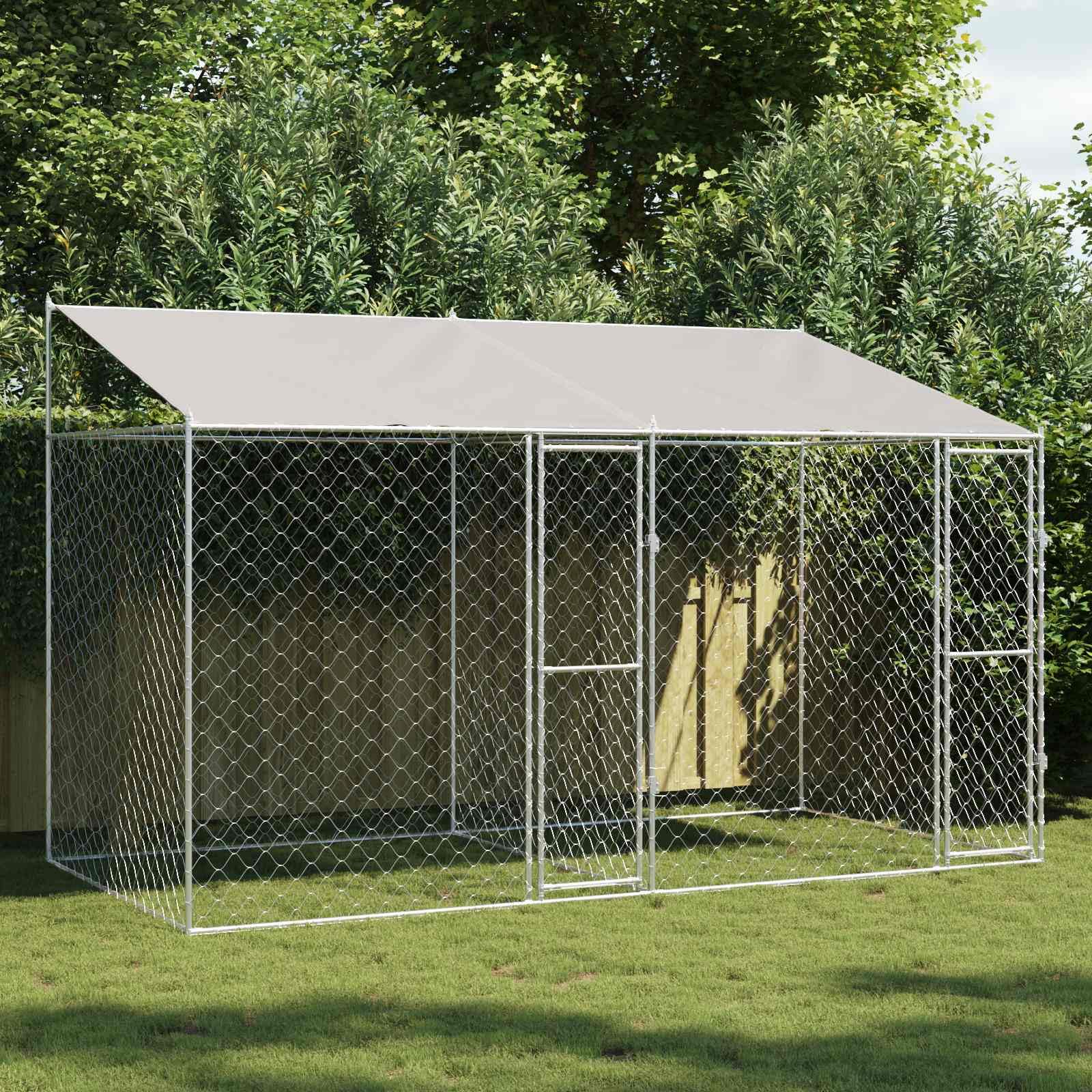 Klatka dla psa z dachem, srebrna, 400 x 200 x 256 cm, stal i PE, odporna na warunki atmosferyczne, wybieg dla psa z elementami kratowymi, do ogrodu i na zewnątrz, zamykane drzwi, przestronny