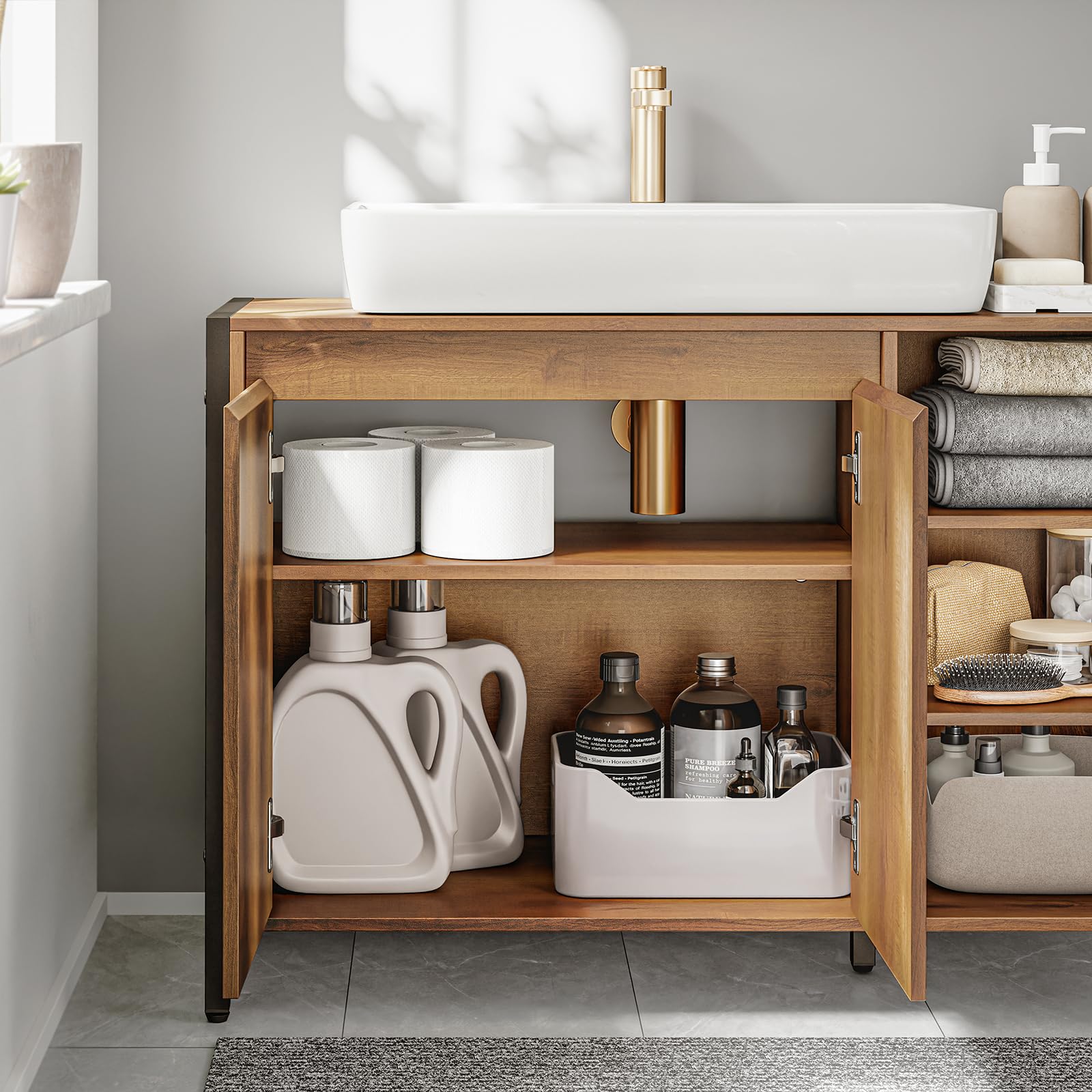 SoBuy Mueble Bajo Lavabo 90cm con Corte para Sifón para Baño | Muebles para Lavabo con Puertas y Estantes Abiertos, Armario Baño Auxiliar Estilo Industrial Madera y Metal BZR63-L-PF