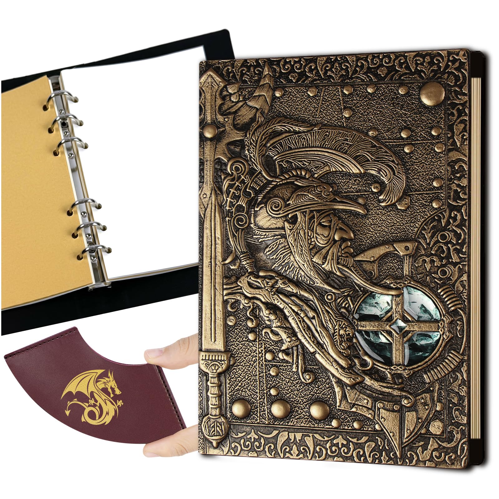 DDFE - Diario DND, Quaderno in Pelle 3D in Rilievo, Libro Vintage da 400 Pagine con Raccoglitore Ricaricabile a 6 Anelli per Accessori di Dadi Dungeons and Dragons D&D, Giochi di Ruolo, Ottimi Regali