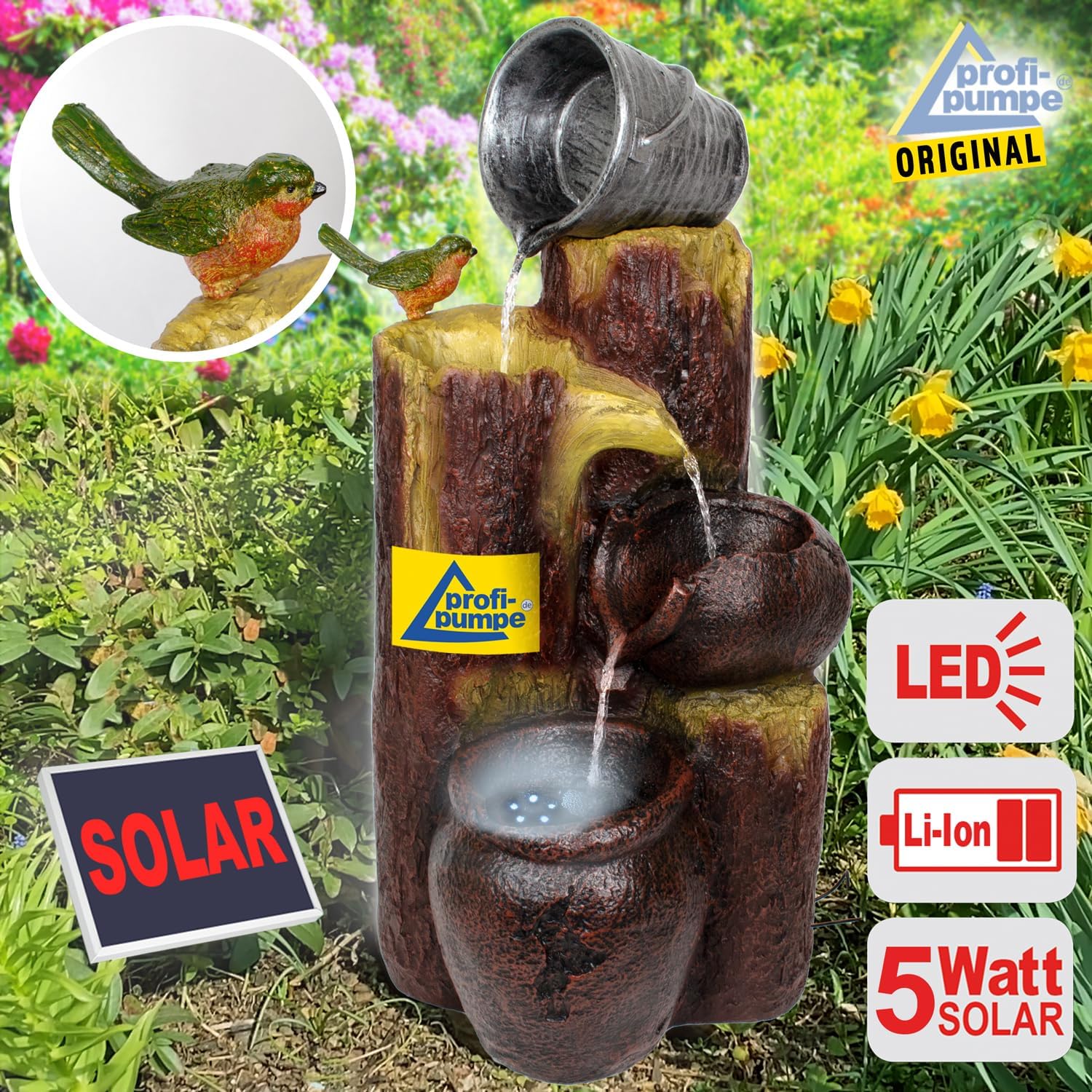 Solar Gartenbrunnen Teichpumpe für Terrasse, Balkon, 70 cm verbessertes Modell mit Pumpen-instant-Start-Funktion mit Liion-Akku & Led-Licht (V001)