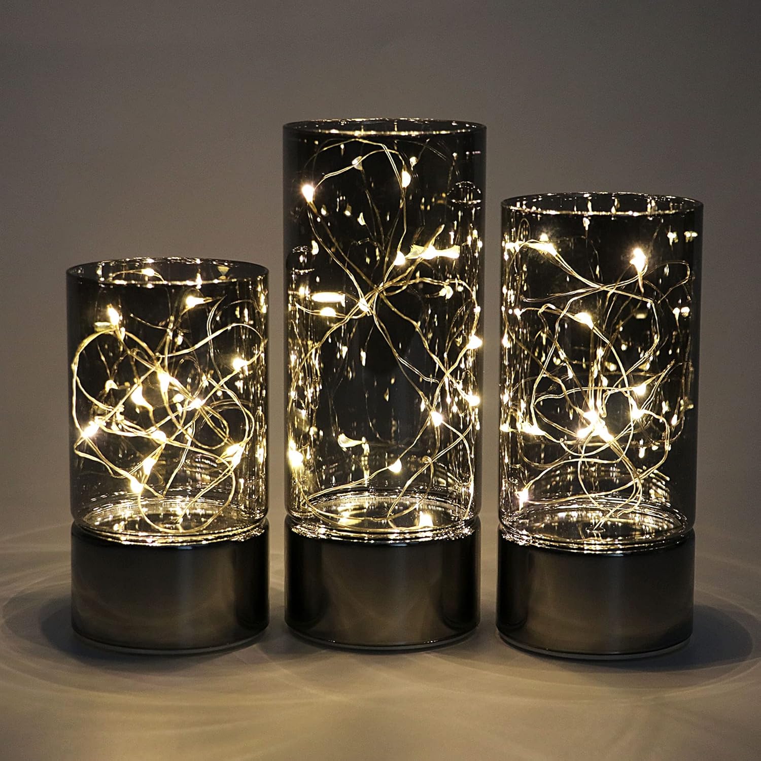 Set of 3 Glass Cylinder Lanterns with Fairy Lights