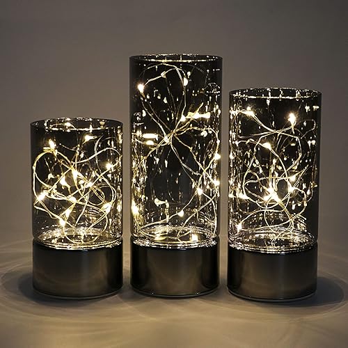 Miniatura 2 de Rhytsing Juego de 3 faroles cilíndricos de cristal con luces de hadas, lámpara de mesa decorativa, vela sin llama con función de temporizador