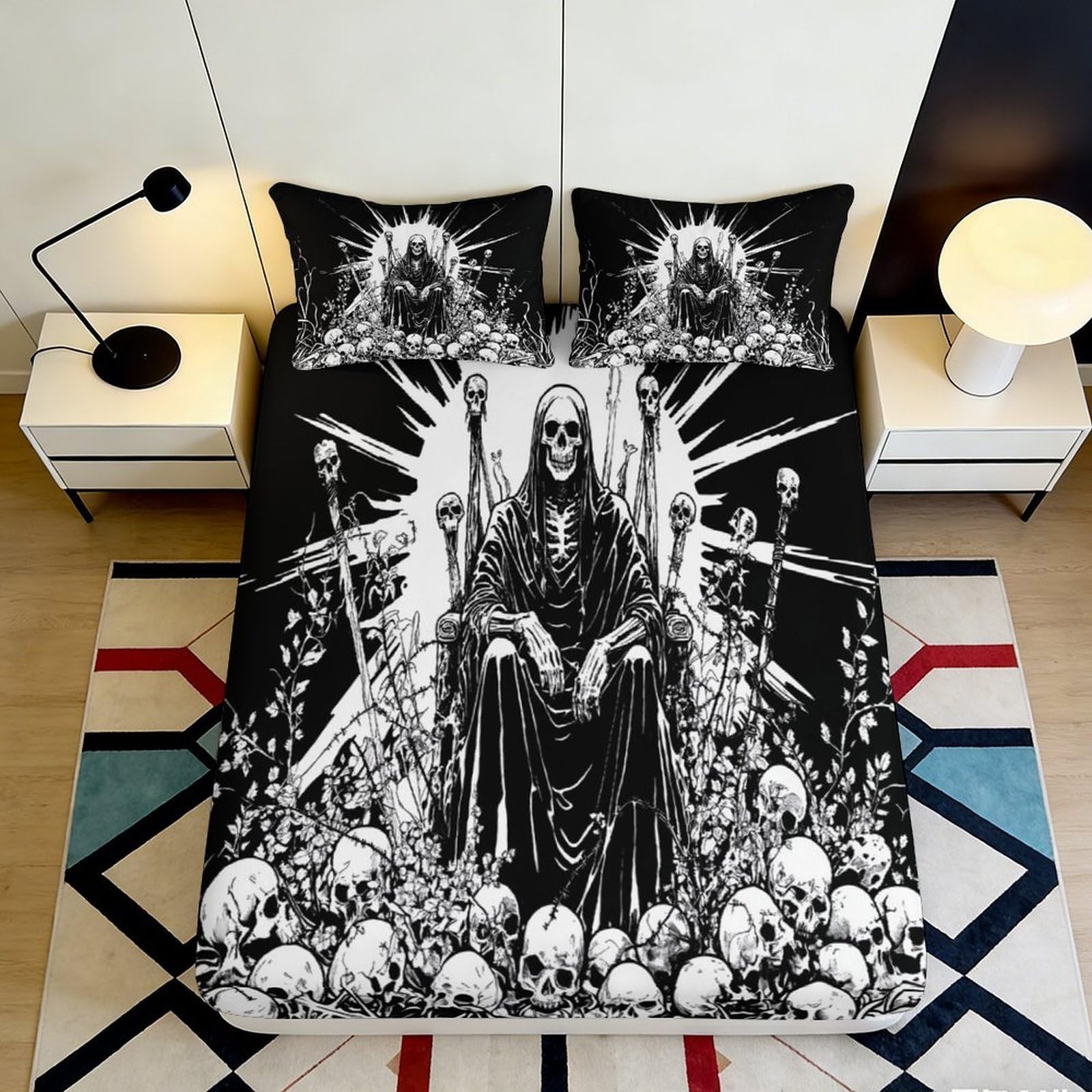 Pnayamiorkfel Style-7 3D Printed Grim Reaper Fitted Sheet Microfiber Black Gothic Skull Throne Mattress Cover Bedroom Dorm Decor Easy Care 90X200x25cm