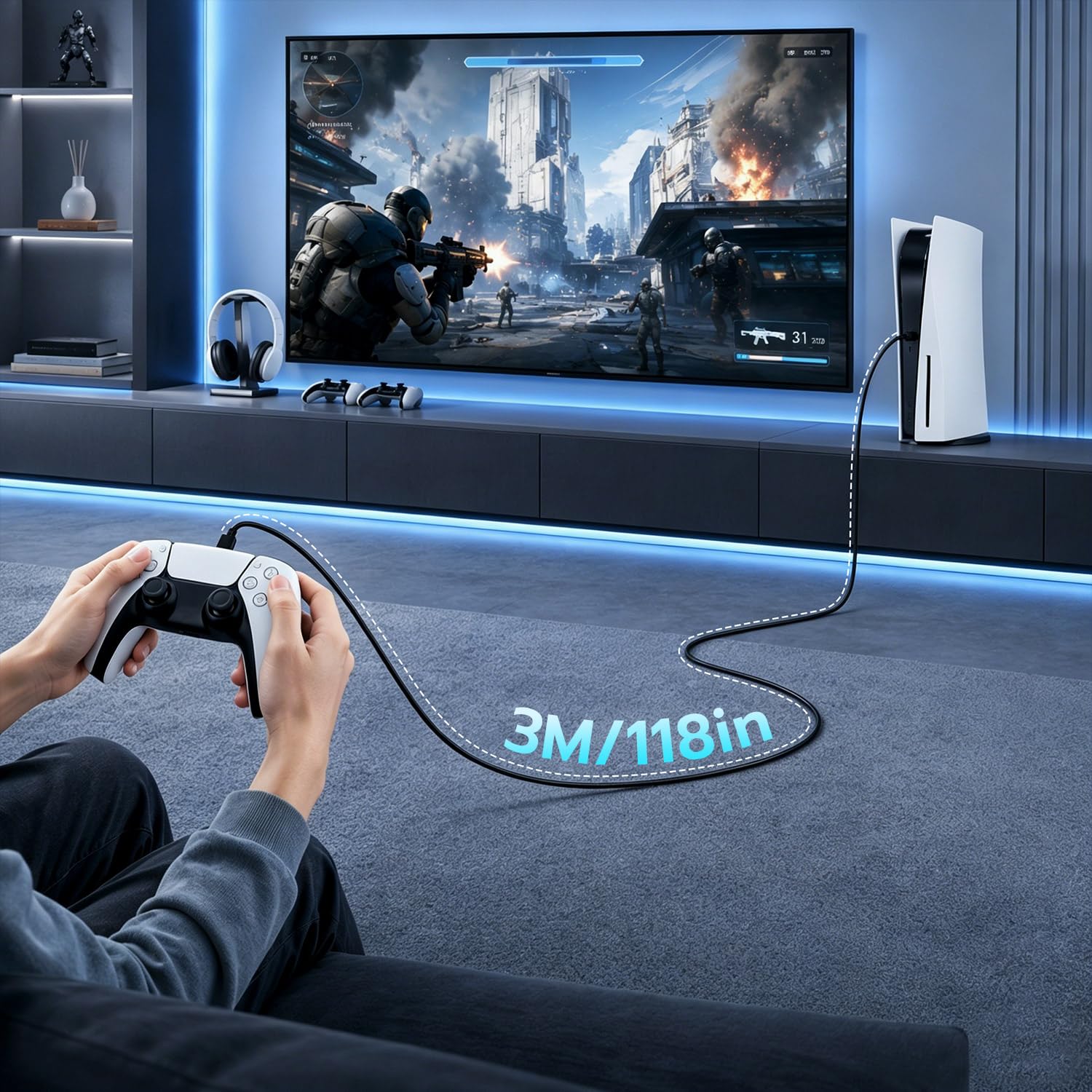 Kabel do ładowania USB 3 m (z USB-A do USB-C) kompatybilny z kontrolerem PS5, Xbox Series X/S, Switch Pro, Kabel danych Type C, Czarny
