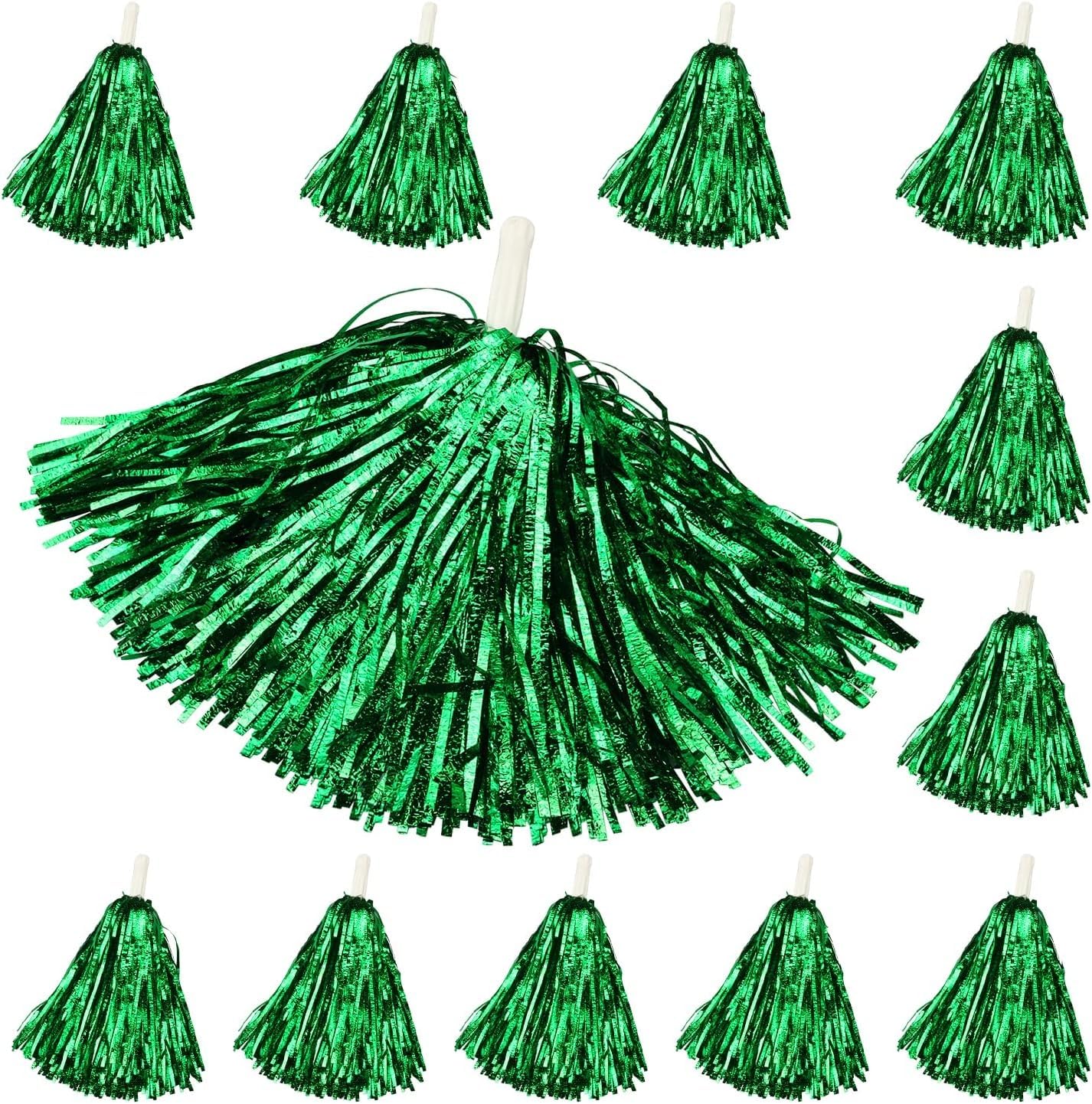 Goldedge 6 Pack Cheerleading Pom Poms with Handle Cheerleader Pompoms Metallic Foil Pompoms for Sports Team Spirit Cheering Party Dance(Green)