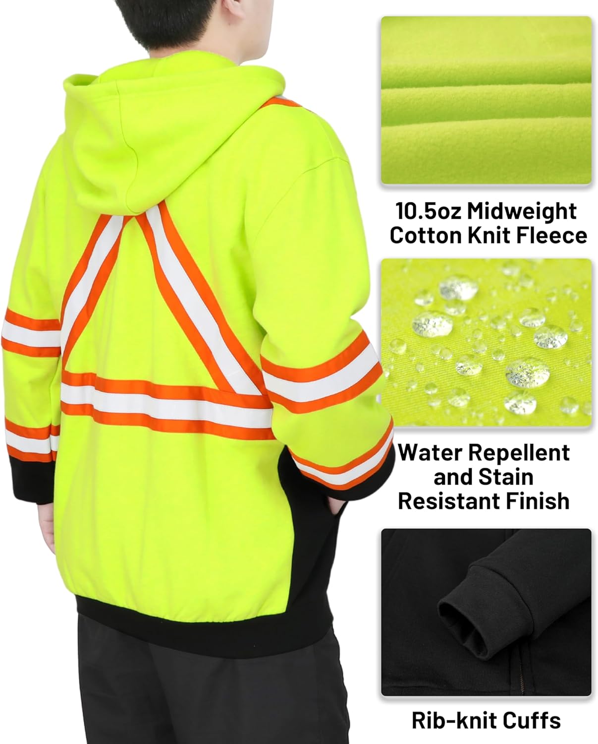 BOCOMAL FR Hoodies High Visibility 10.5oz Cottion Fleece Zipper Hi Vis Flame Resistant Reflective Hooded Sweatshirts - Image 4