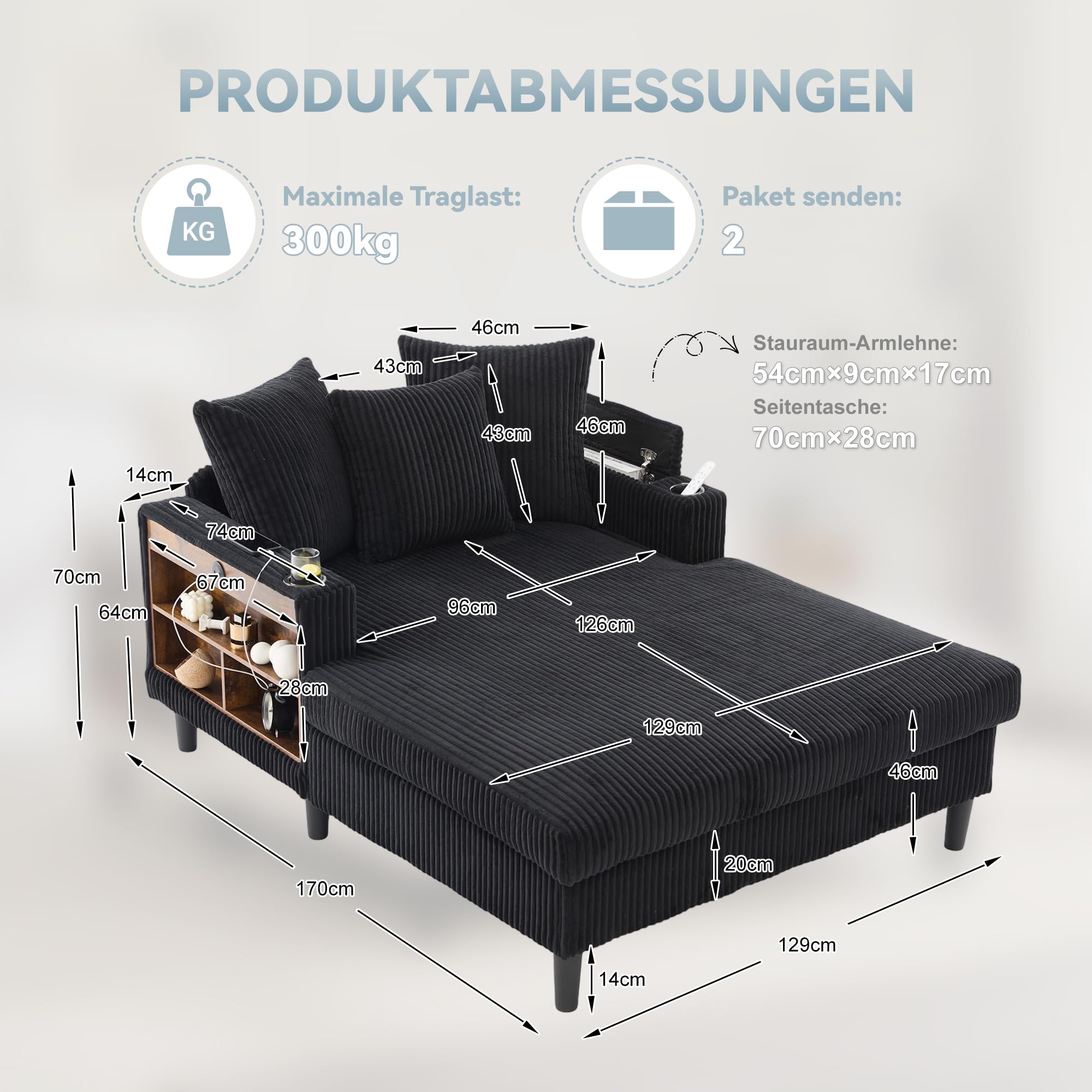 Sofa i kanapa bezboneless – szezlong z diodami LED, USB, miejscem do przechowywania, uchwytami na napoje, sztruksem, pakowany próżniowo, 300 kg, do salonu, czarny