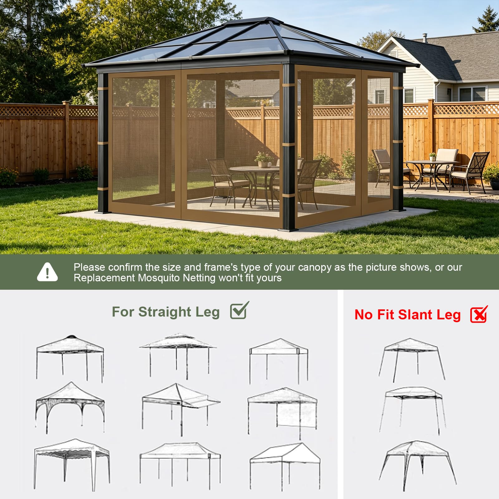 Mosquitera para Carpa de 3 x 3 m, Protección contra Insectos con 4 Paredes Laterales y Doble Cremallera, Apto para Cenador de Jardín, Terraza, Camping, Caqui