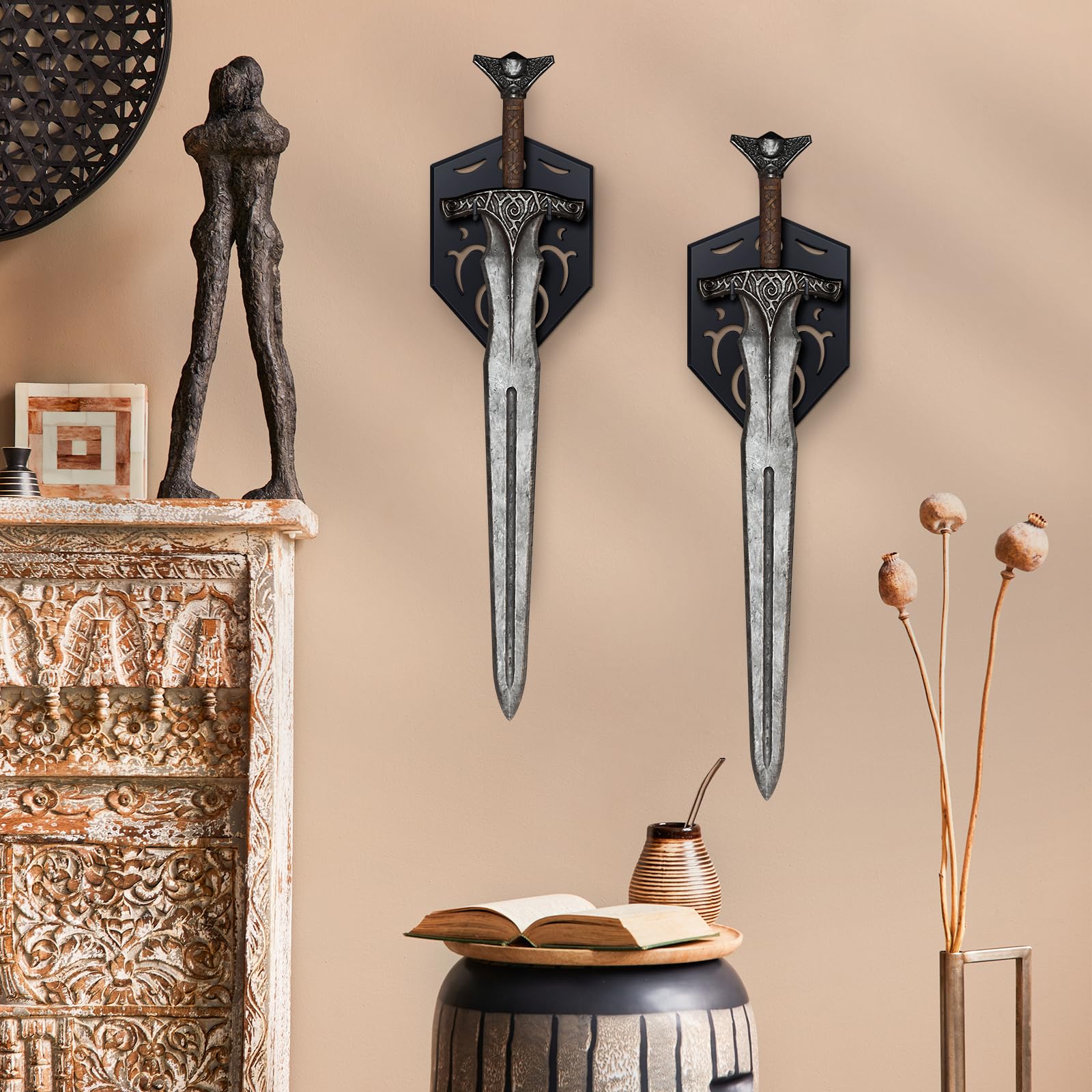 Schwert-Wandhalterung, vertikal, mit hohlgeschnitztem Design, Wandhalter für mittelalterliche Schwerter, Bögen, Äxte und Requisiten, Schwarz